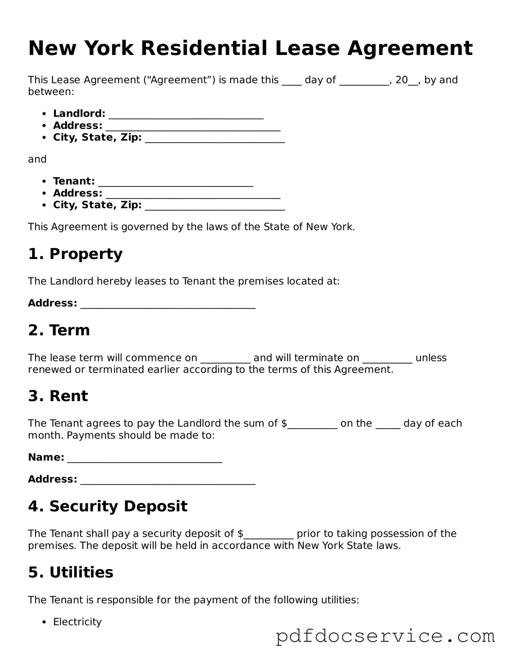 Printable  Lease Agreement Template for New York