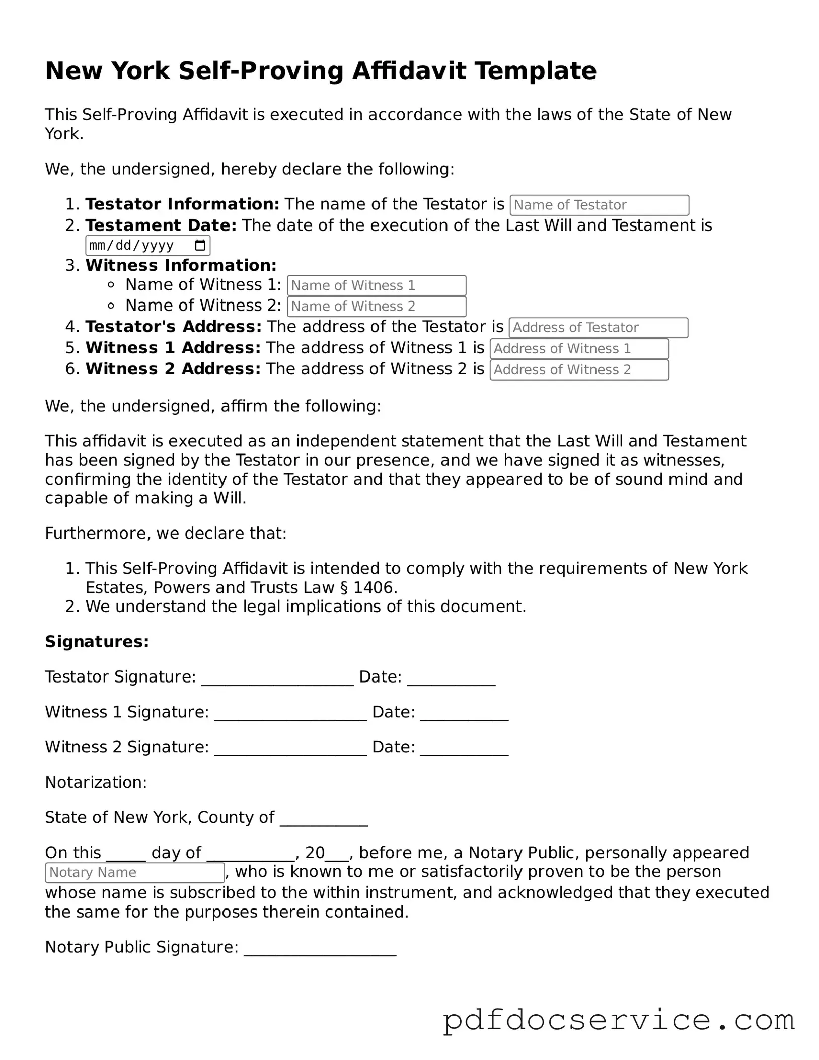 Printable  Self-Proving Affidavit Template for New York