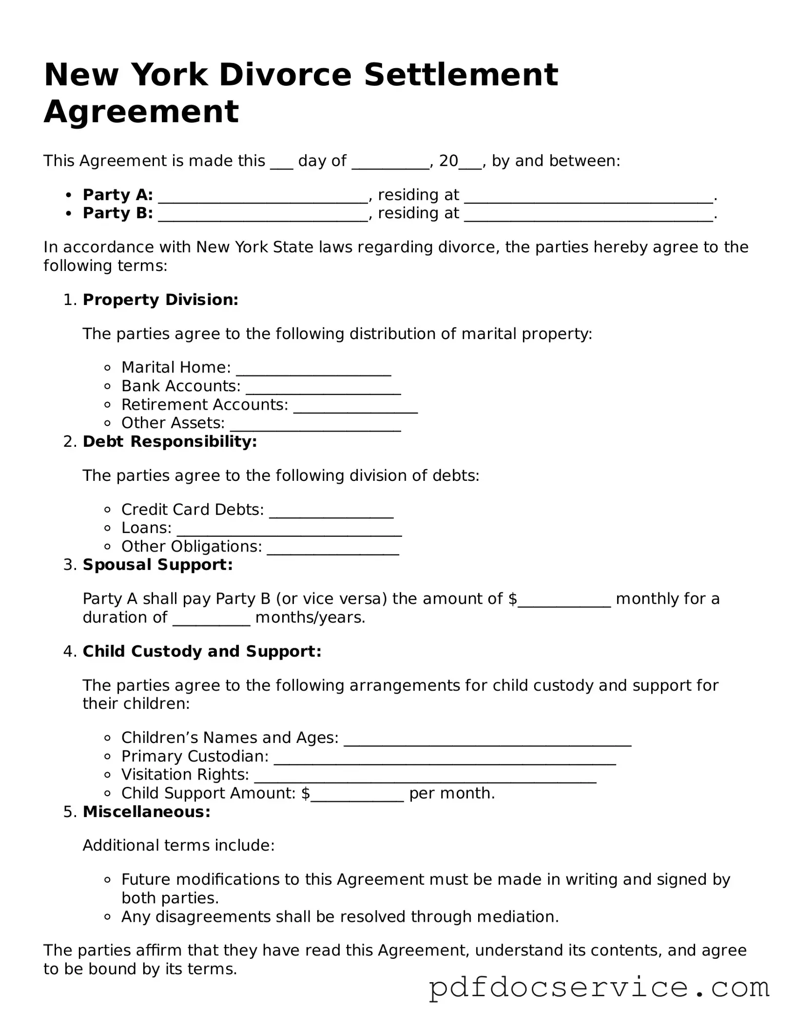 Printable  Divorce Settlement Agreement Template for New York