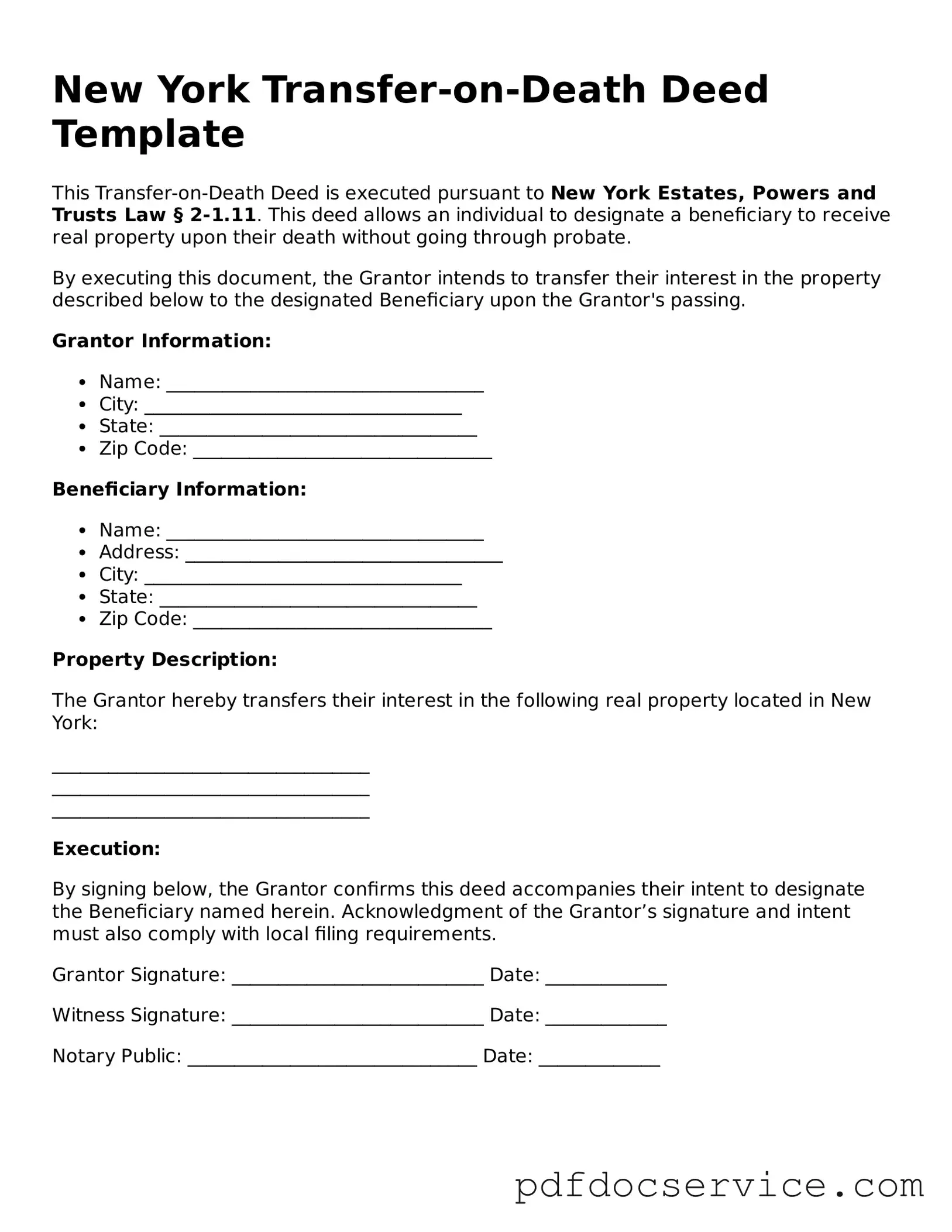 Printable  Transfer-on-Death Deed Template for New York