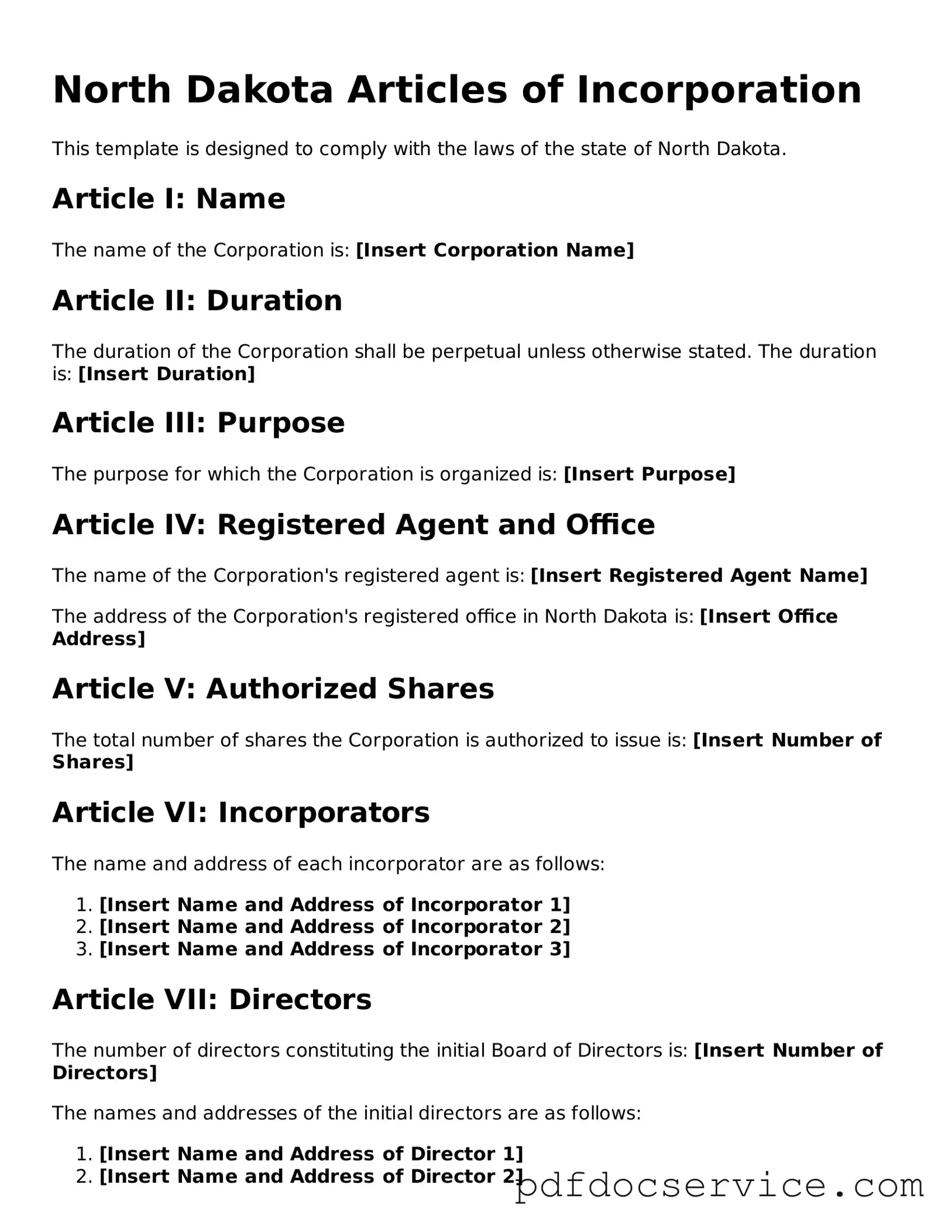 Printable  Articles of Incorporation Template for North Dakota