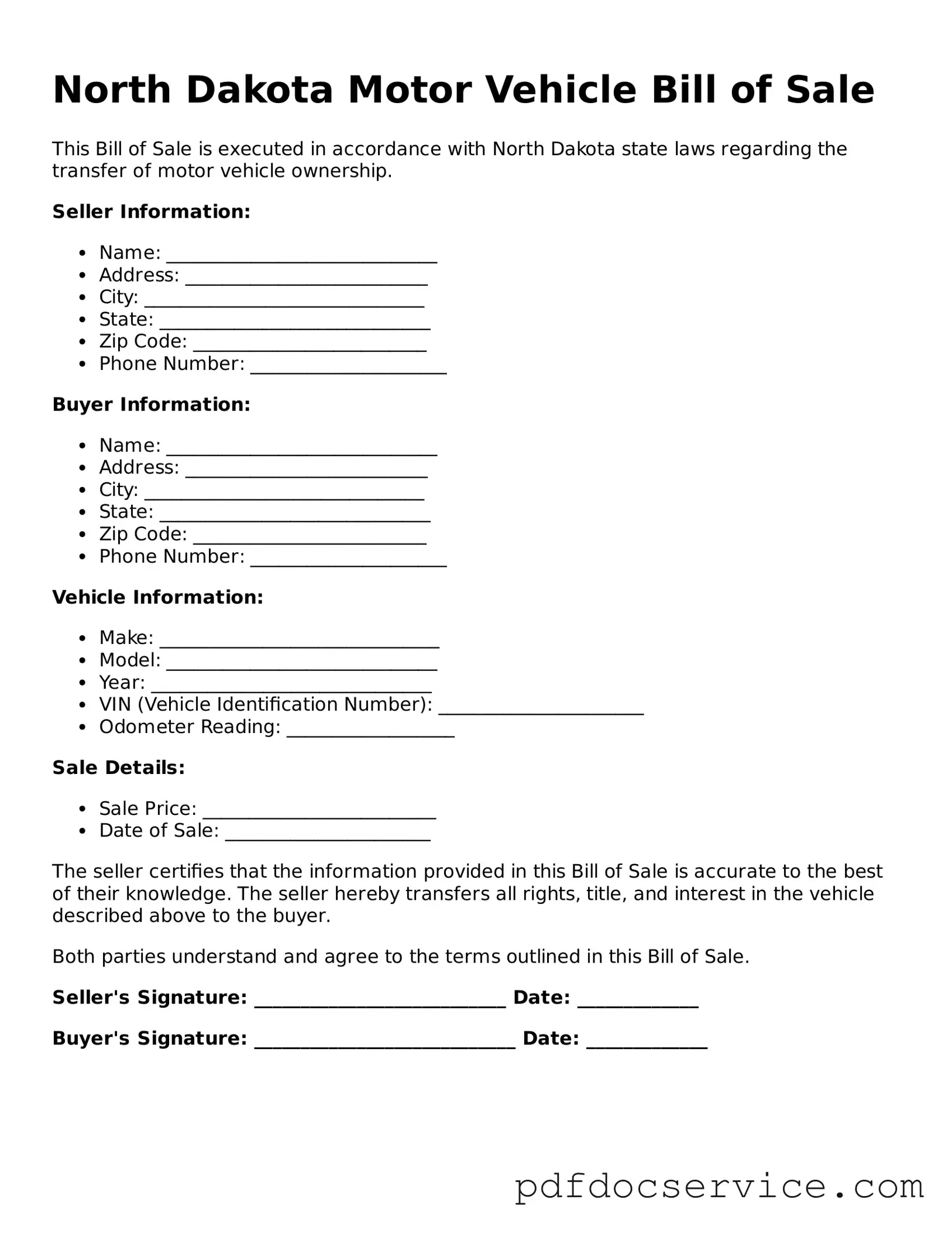 Printable  Motor Vehicle Bill of Sale Template for North Dakota