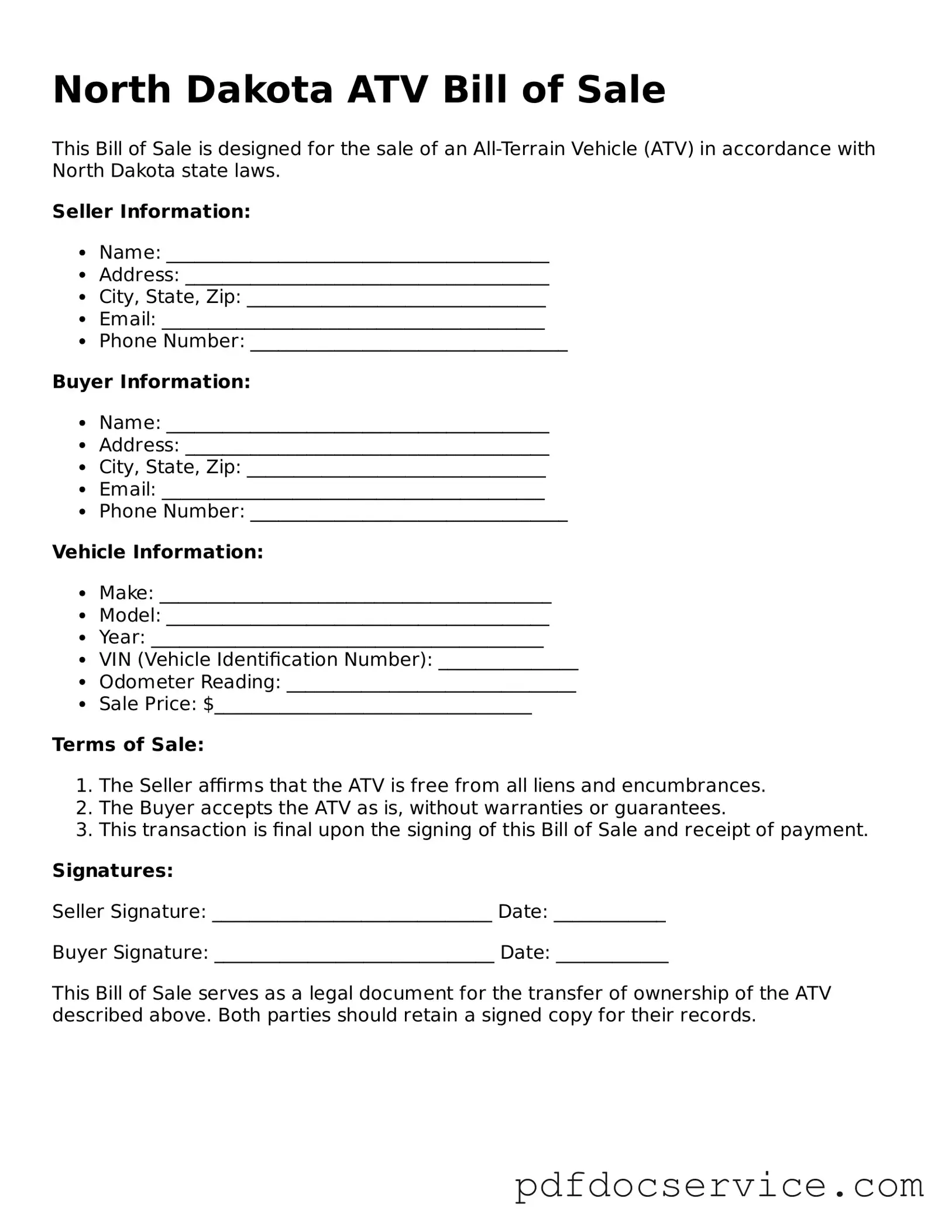 Printable  ATV Bill of Sale Template for North Dakota