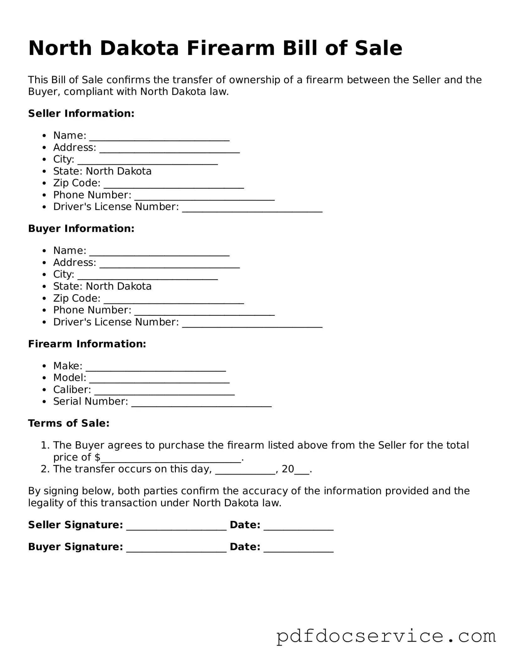 Printable  Firearm Bill of Sale Template for North Dakota