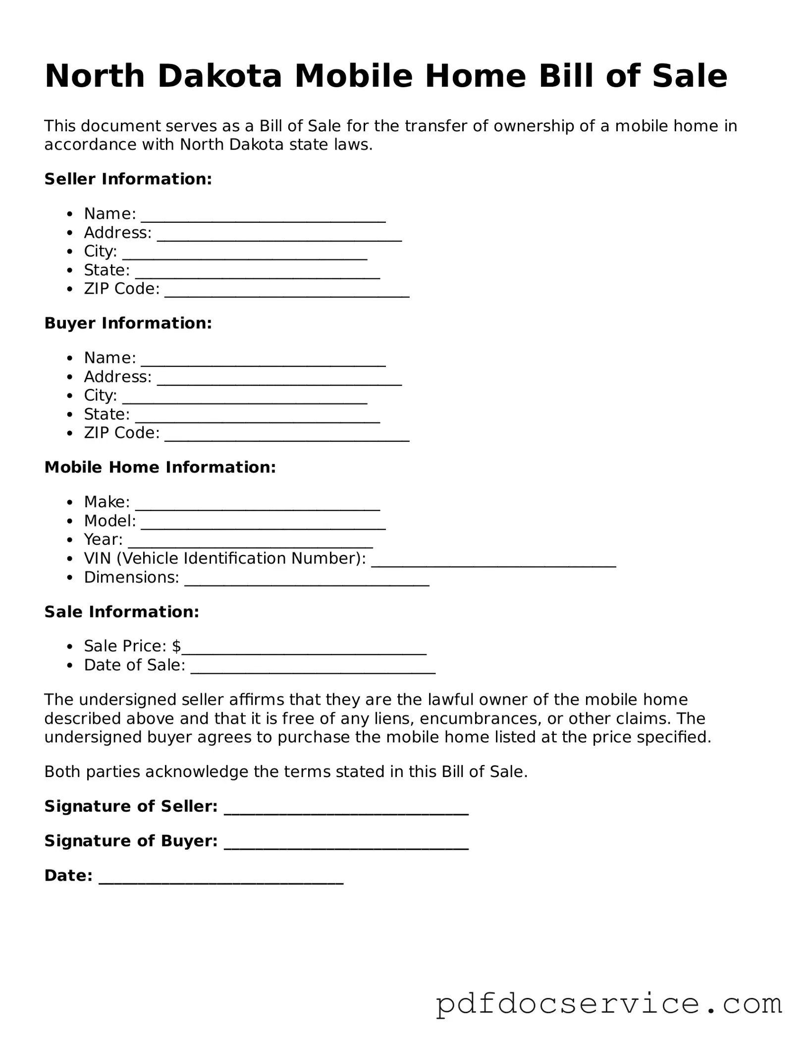 Printable  Mobile Home Bill of Sale Template for North Dakota
