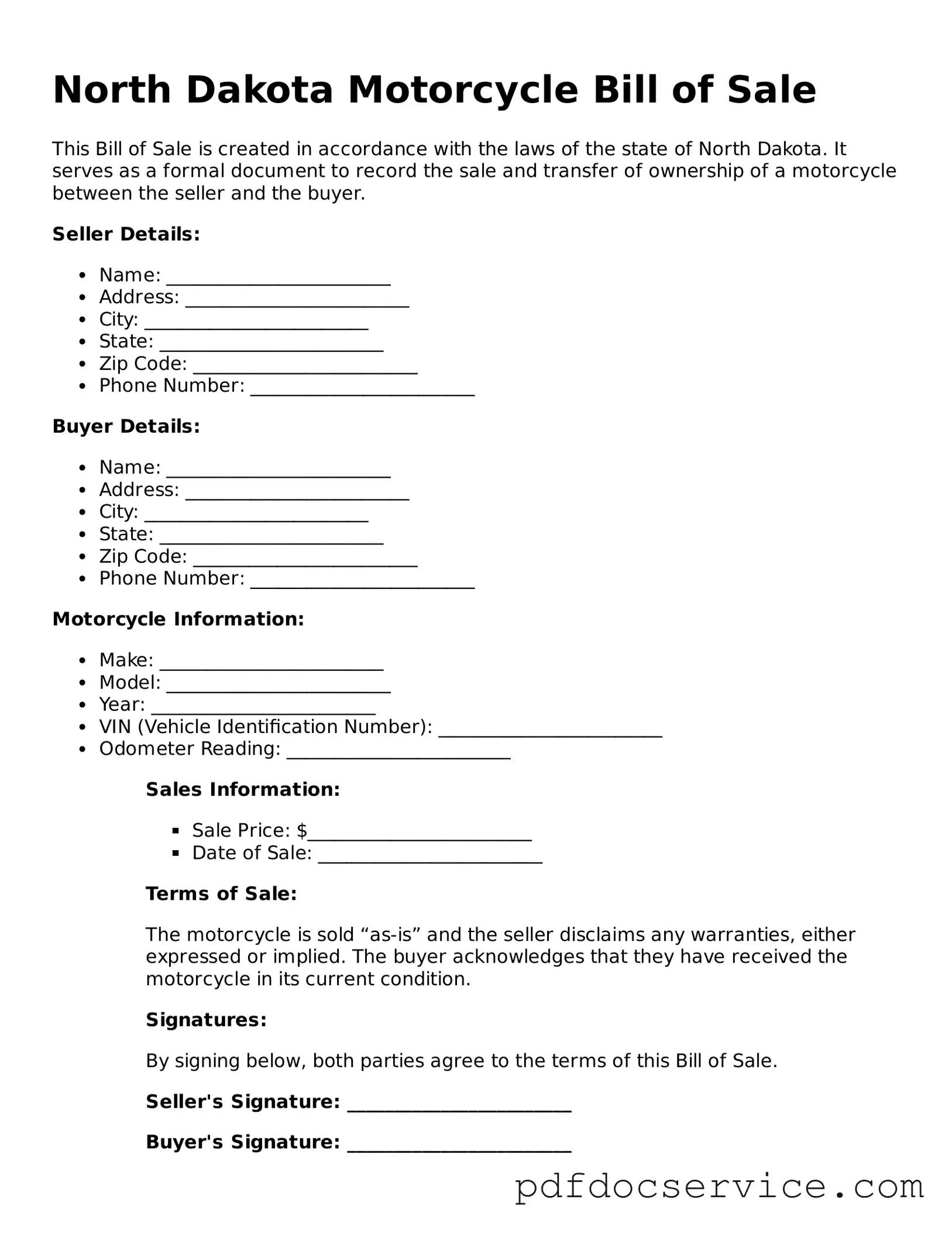 Printable  Motorcycle Bill of Sale Template for North Dakota