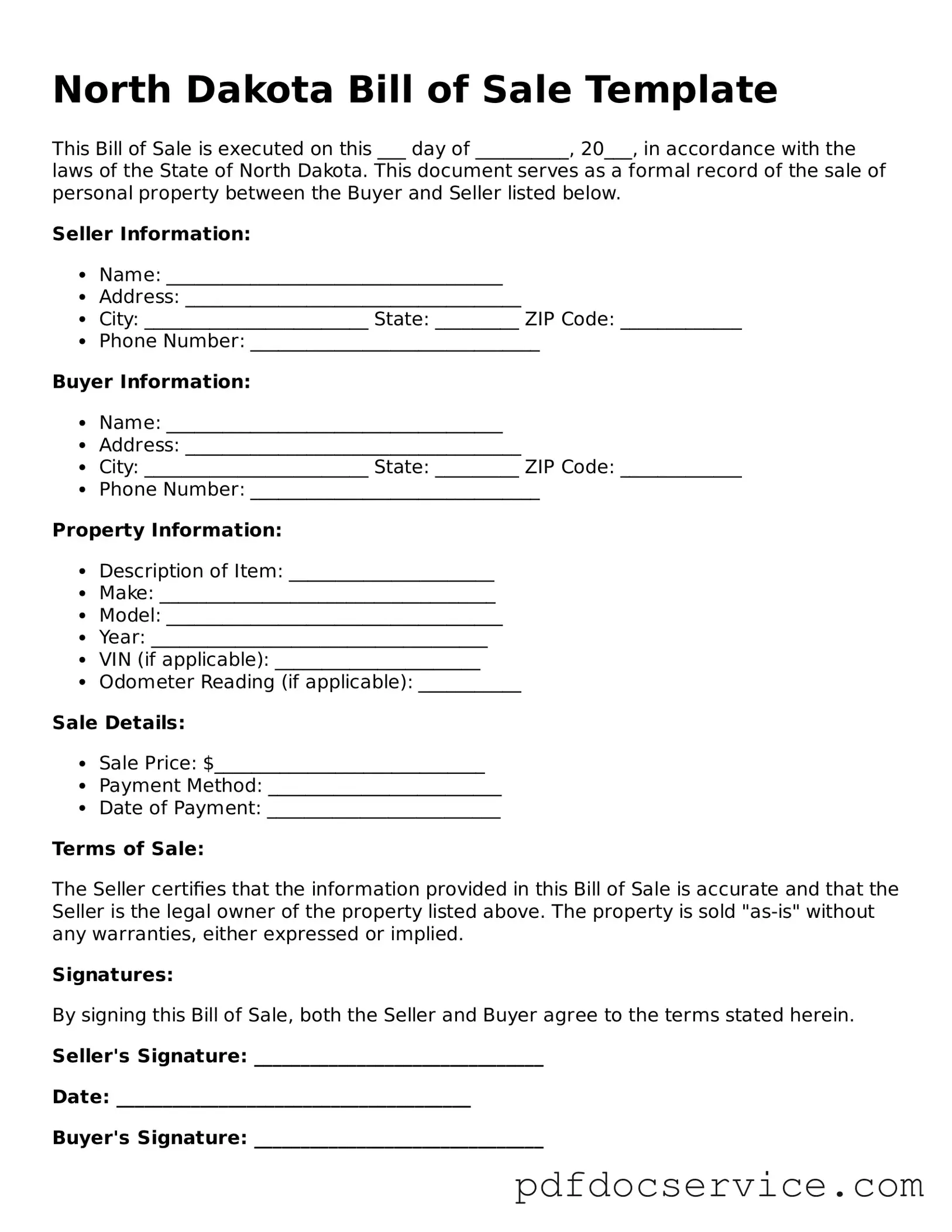 Printable  Bill of Sale Template for North Dakota