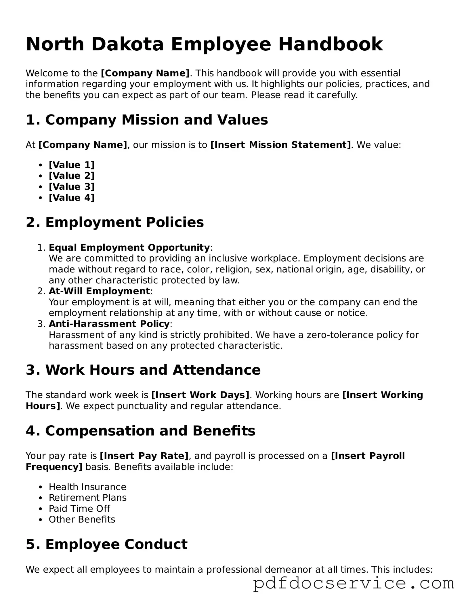 Printable  Employee Handbook Template for North Dakota