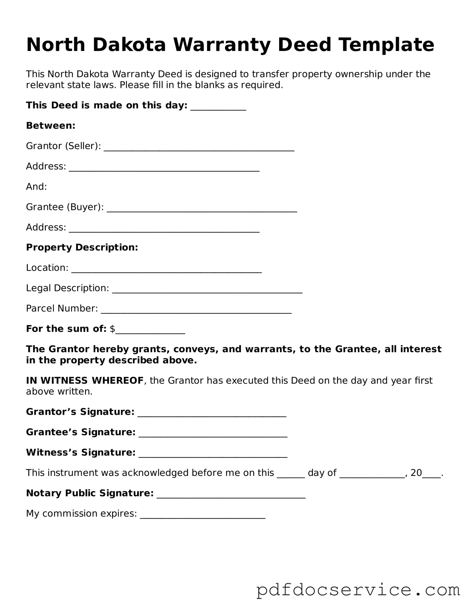 Printable  Deed Template for North Dakota