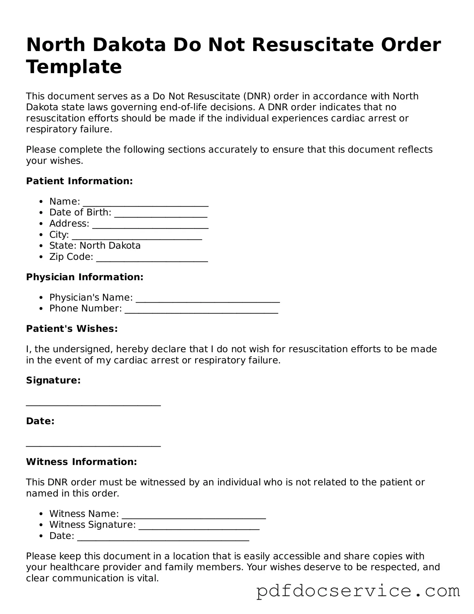 Printable  Do Not Resuscitate Order Template for North Dakota