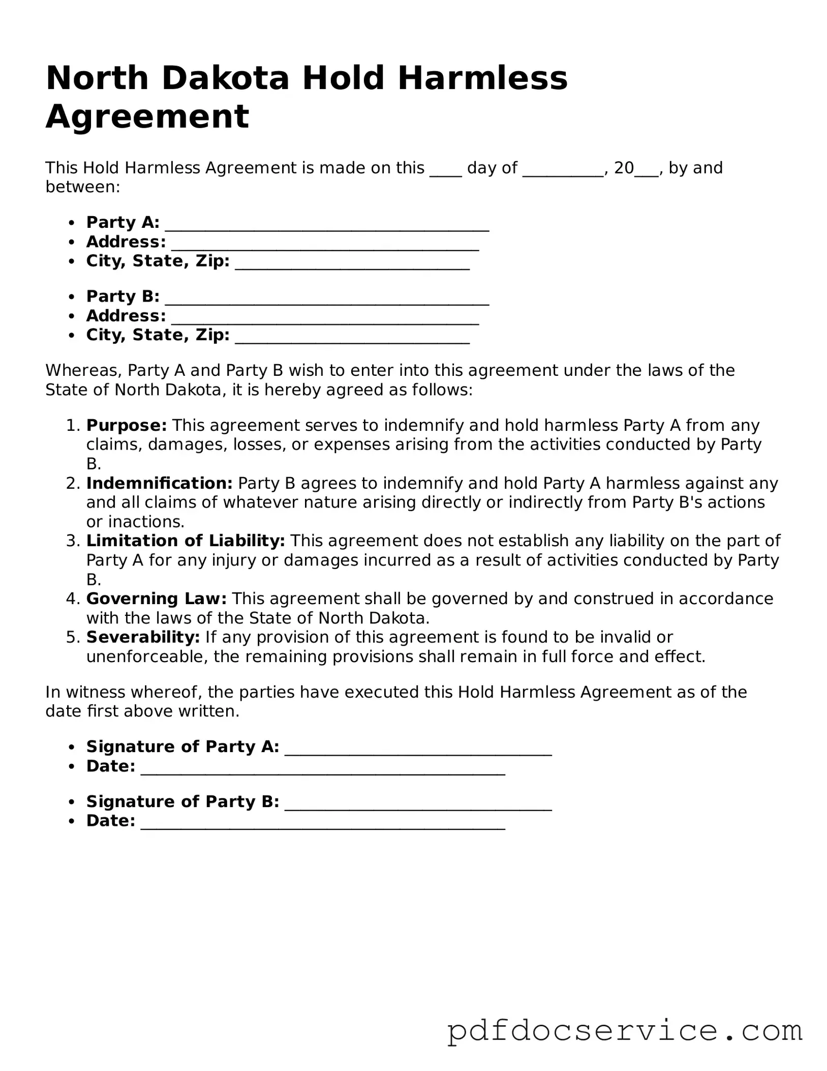 Printable  Hold Harmless Agreement Template for North Dakota