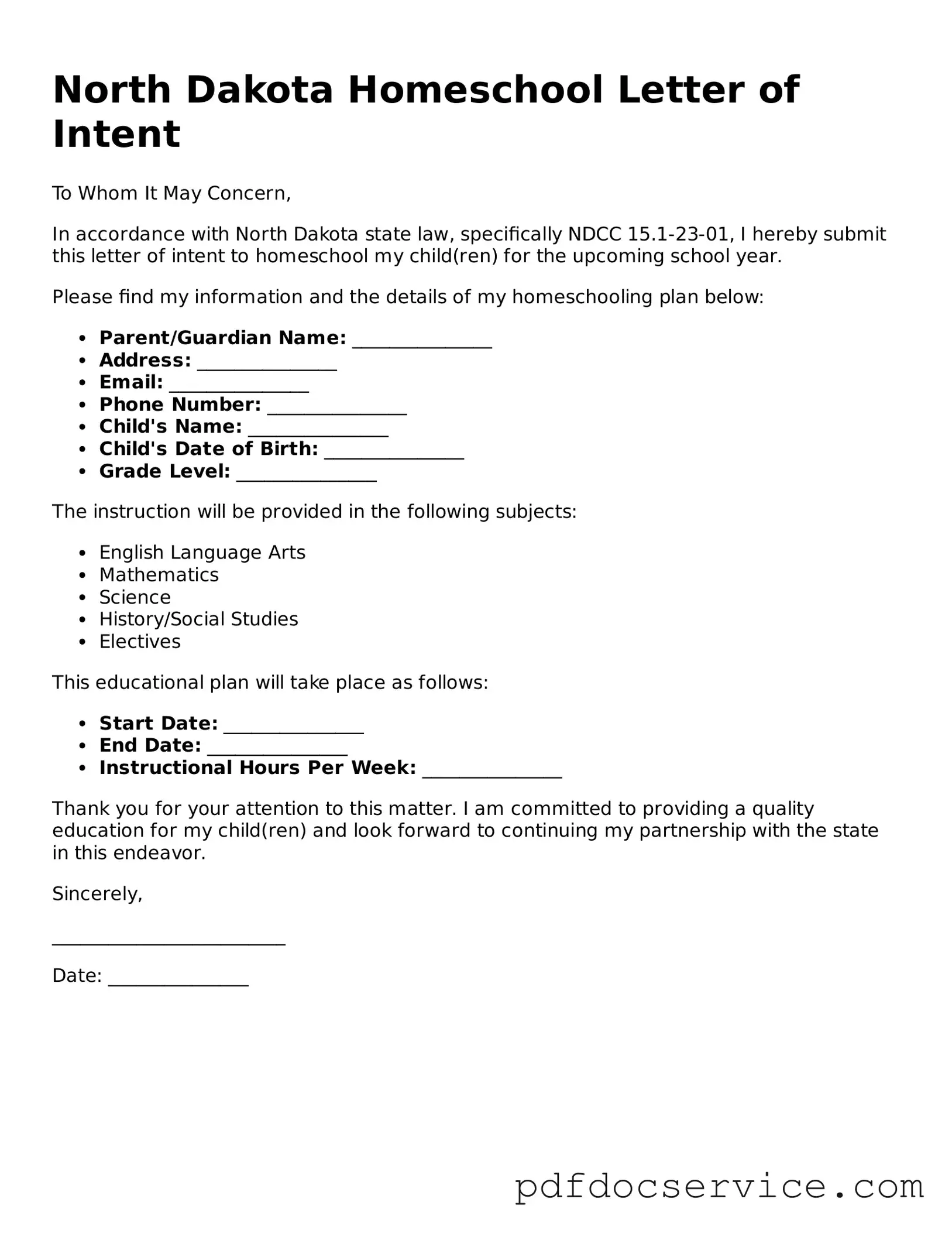 Printable  Homeschool Letter of Intent Template for North Dakota
