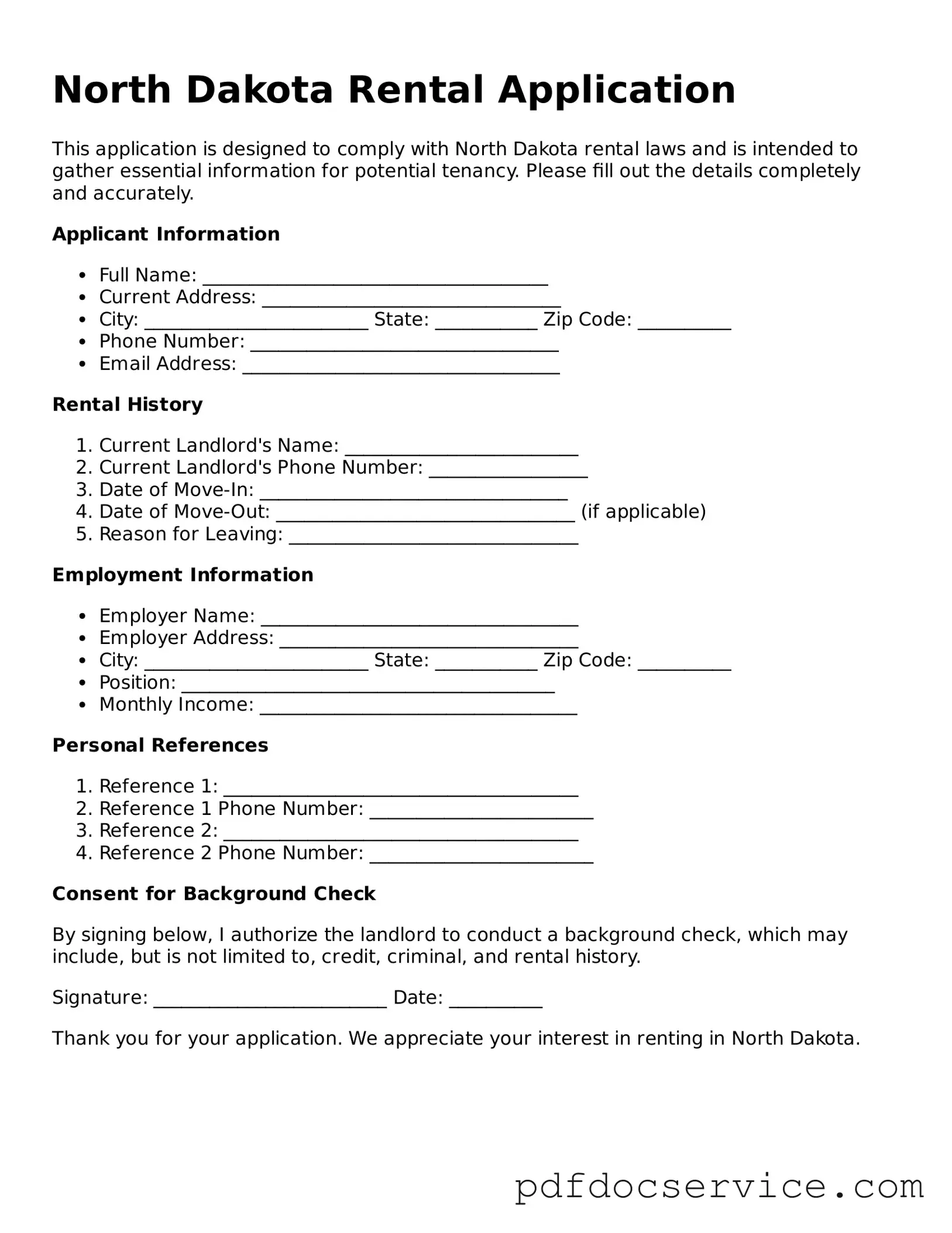 Printable  Rental Application Template for North Dakota