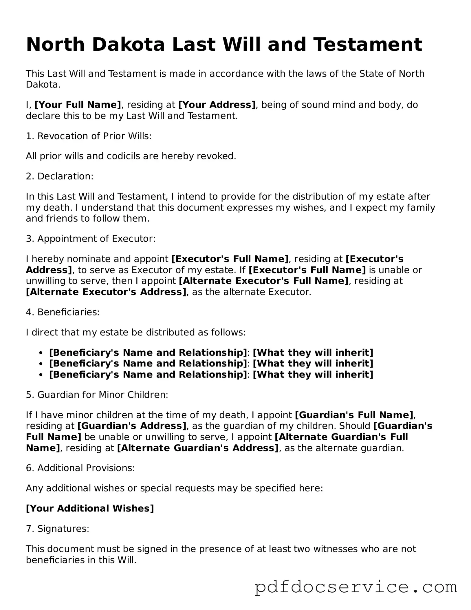 Printable  Last Will and Testament Template for North Dakota