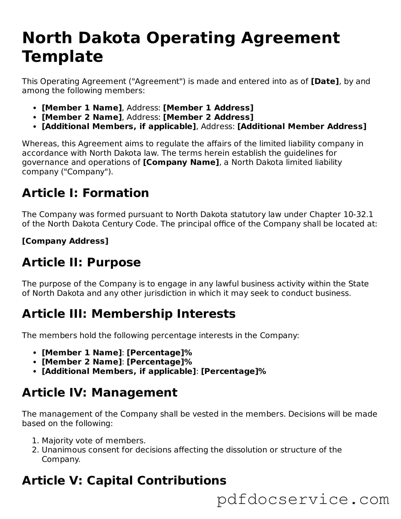 Printable  Operating Agreement Template for North Dakota