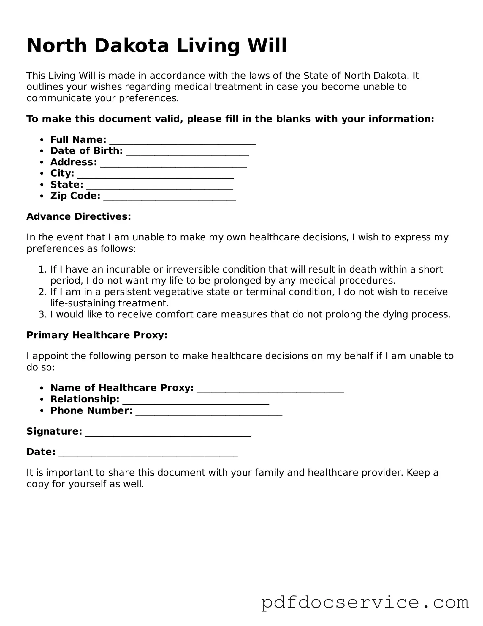 Printable  Living Will Template for North Dakota