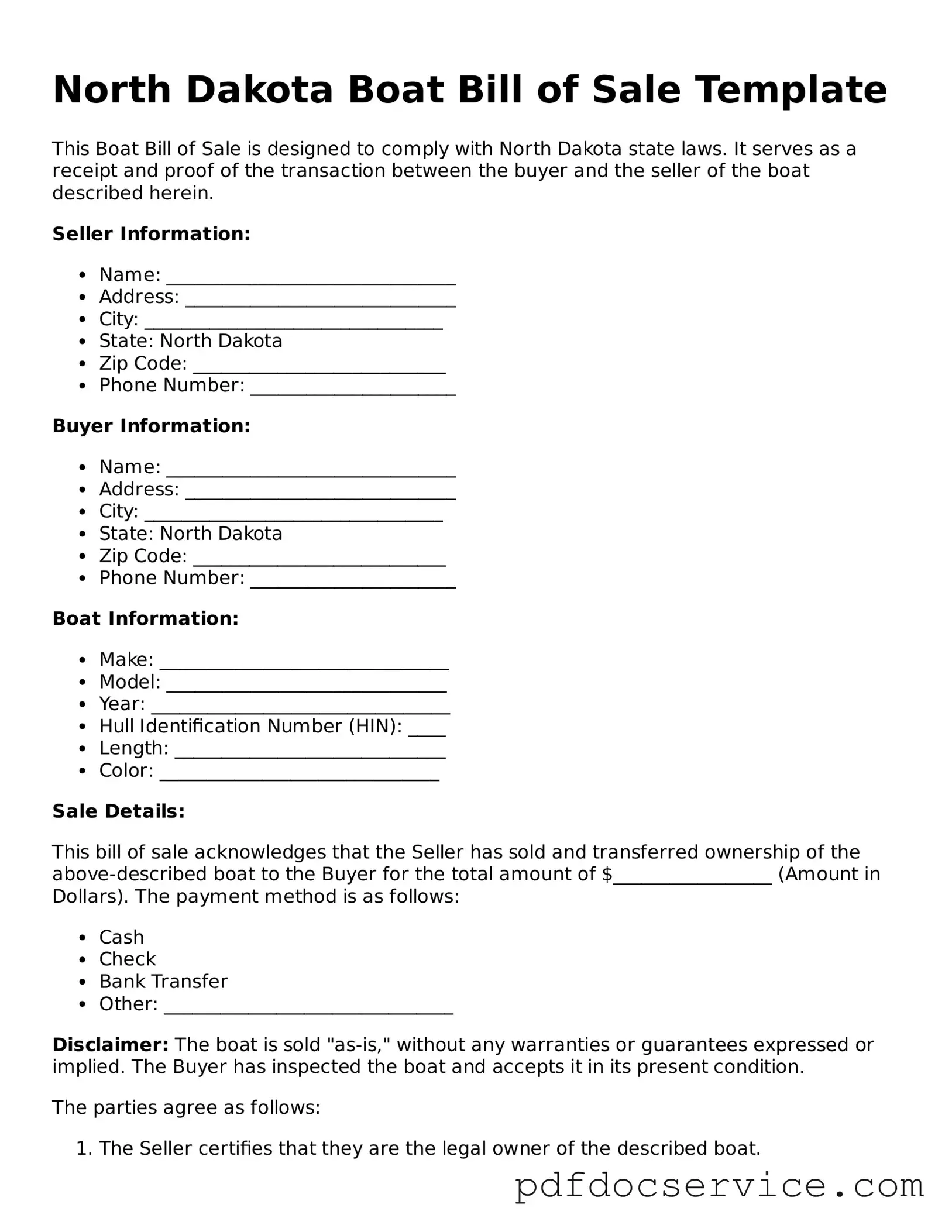 Printable  Boat Bill of Sale Template for North Dakota