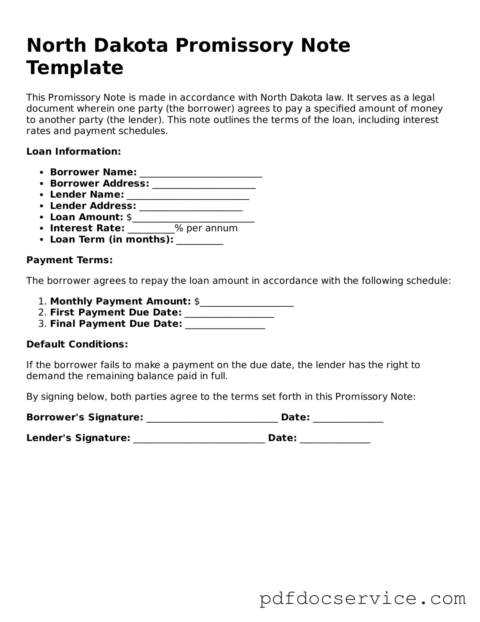 Printable  Promissory Note Template for North Dakota