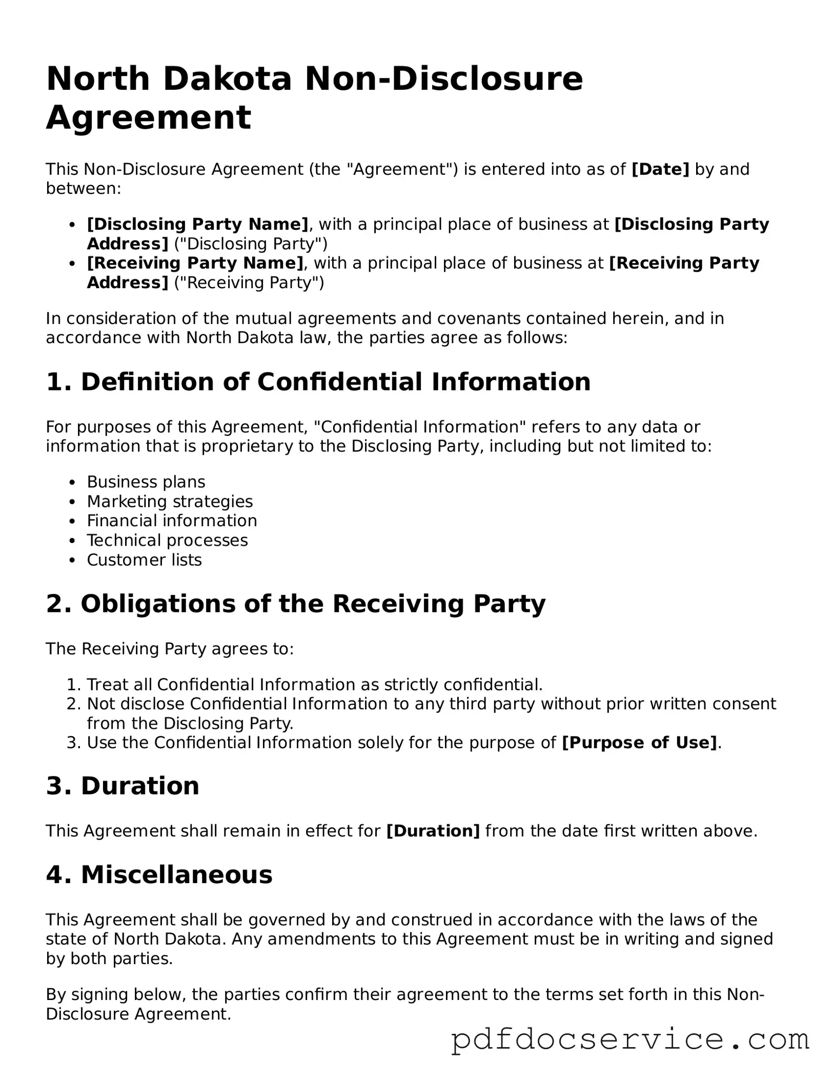 Printable  Non-disclosure Agreement Template for North Dakota