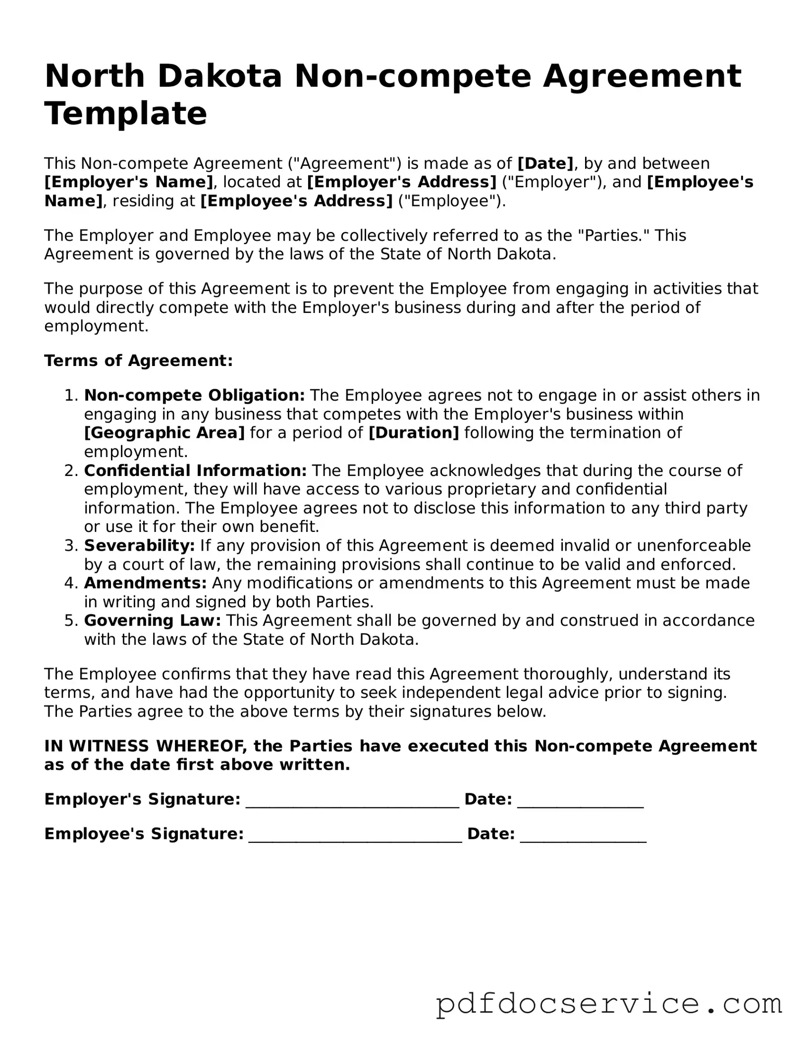 Printable  Non-compete Agreement Template for North Dakota