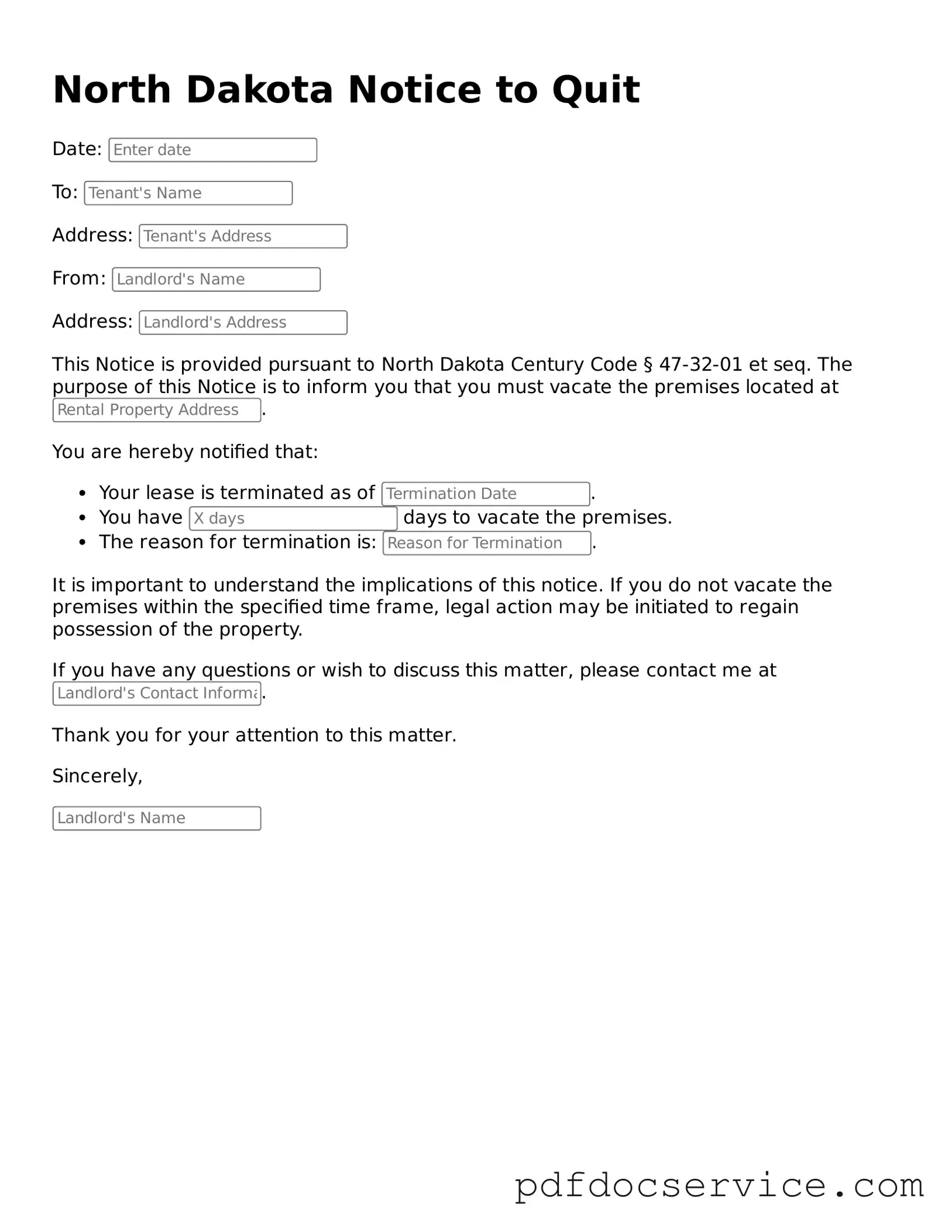 Printable  Notice to Quit Template for North Dakota