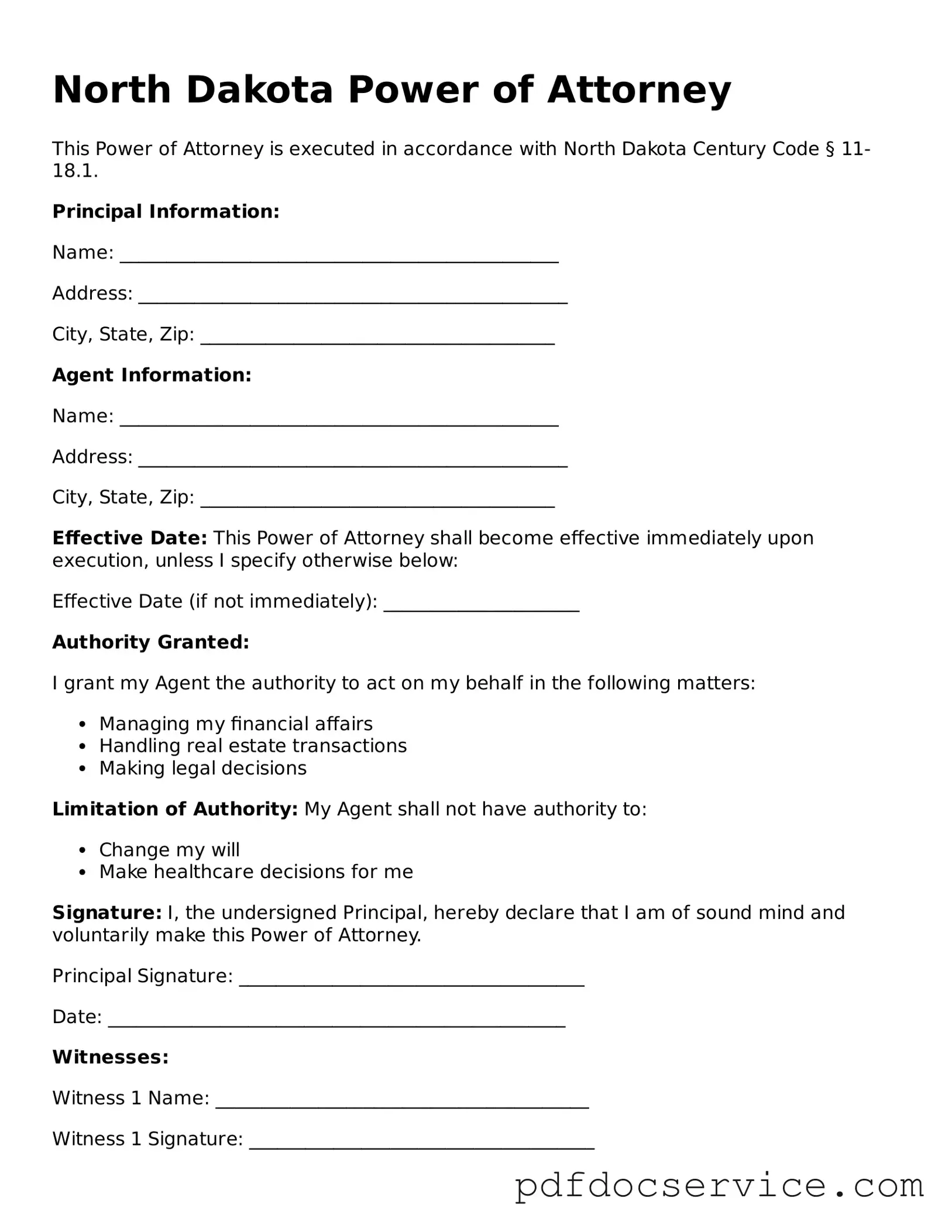 Printable  Power of Attorney Template for North Dakota