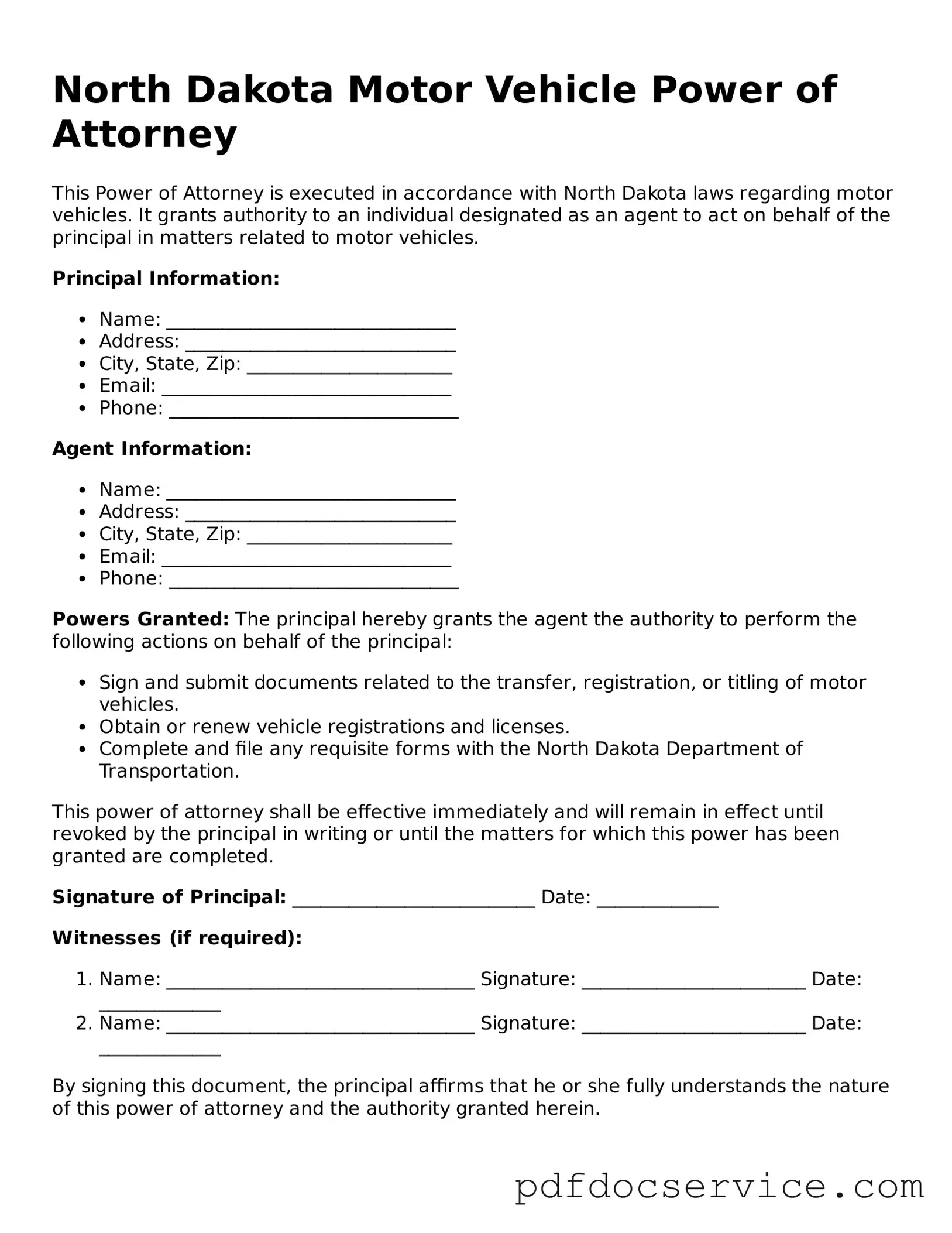 Printable  Motor Vehicle Power of Attorney Template for North Dakota