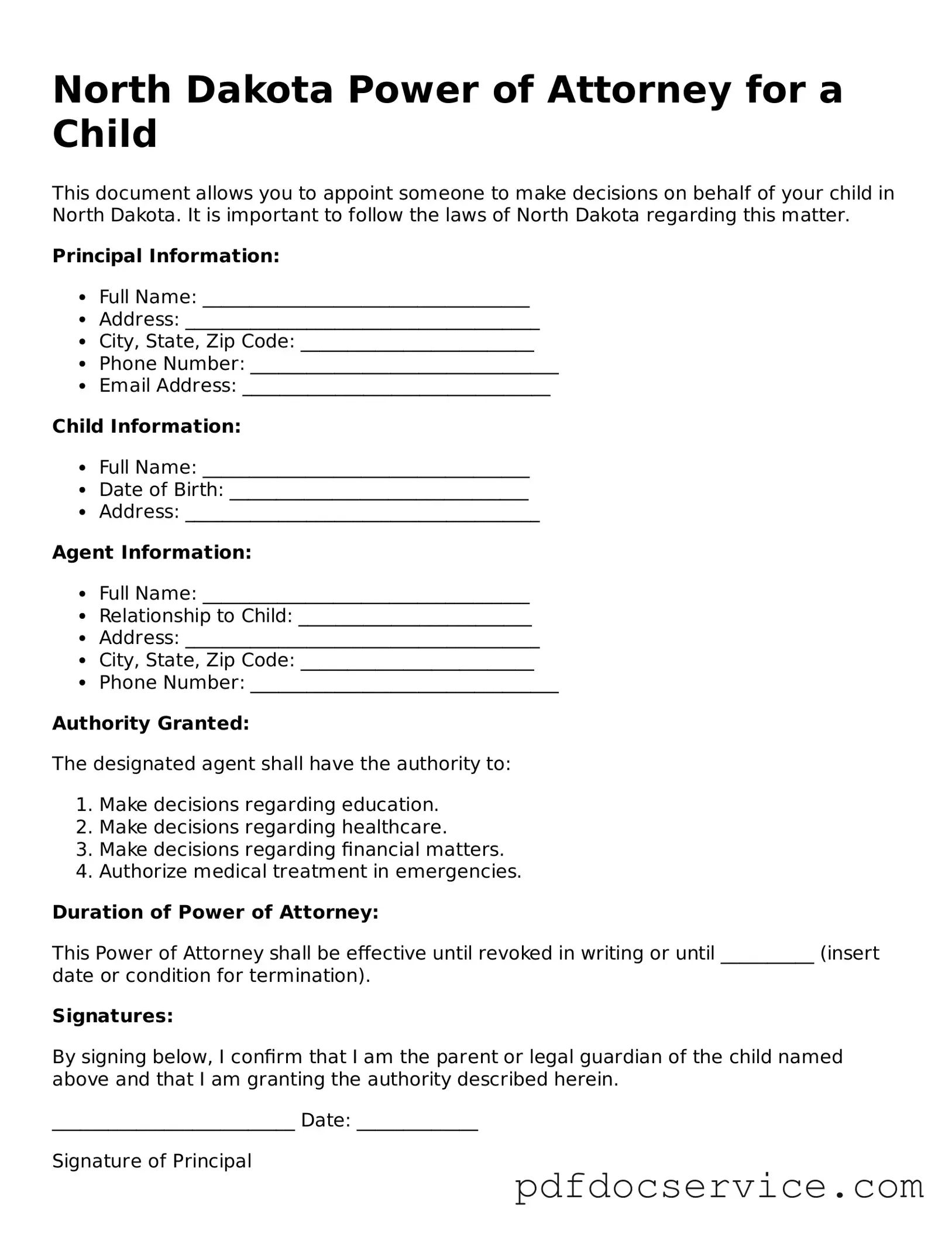 Printable  Power of Attorney for a Child Template for North Dakota