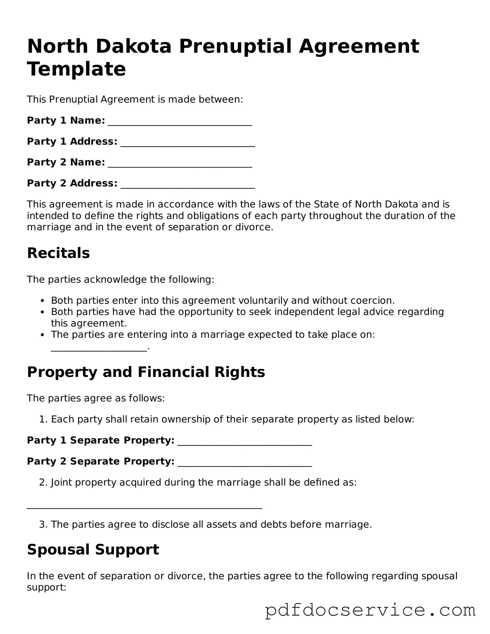 Printable  Prenuptial Agreement Template for North Dakota
