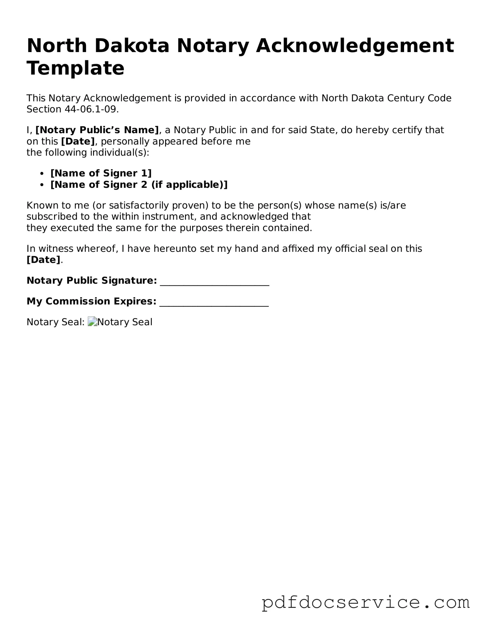 Printable  Notary Acknowledgement Template for North Dakota