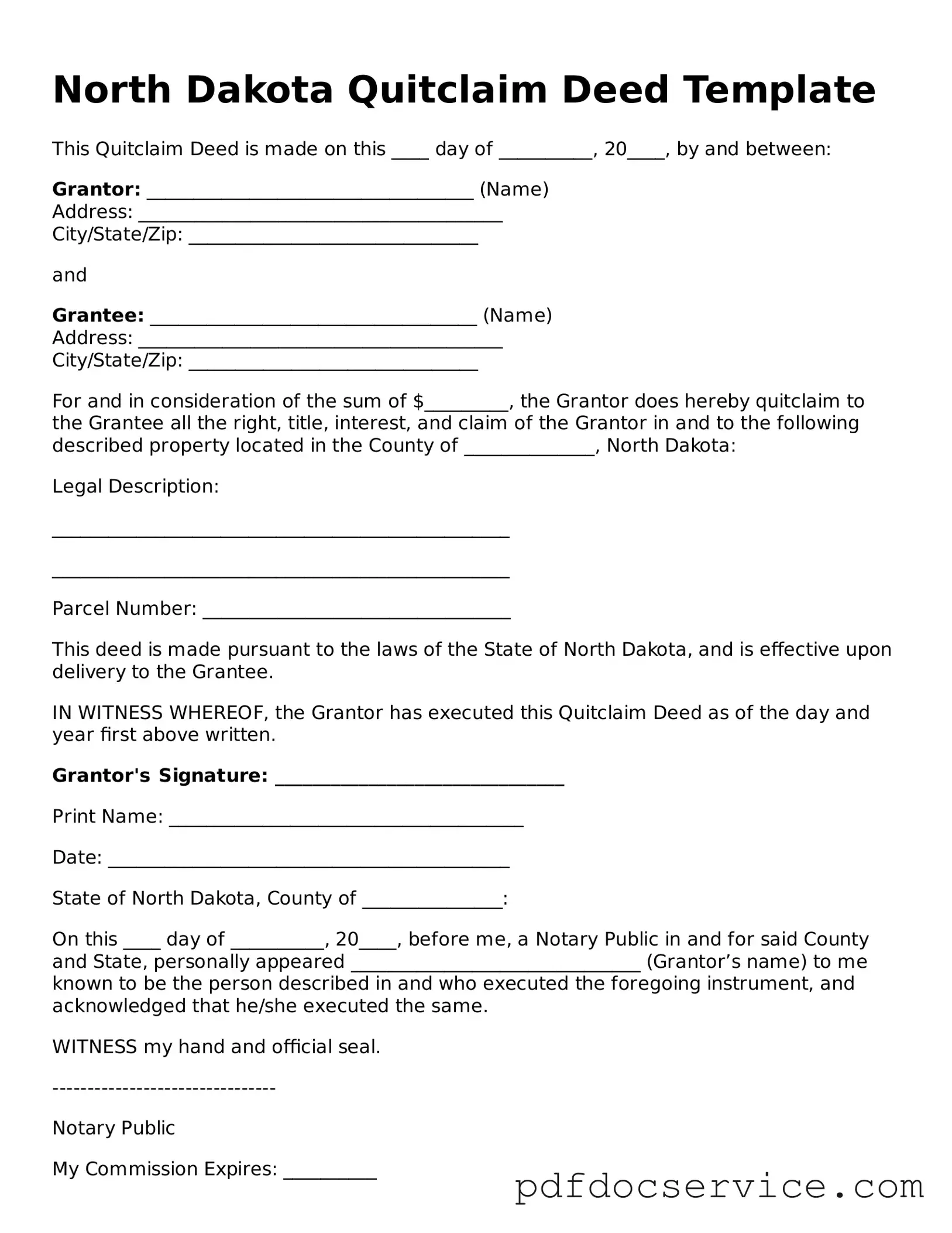 Printable  Quitclaim Deed Template for North Dakota