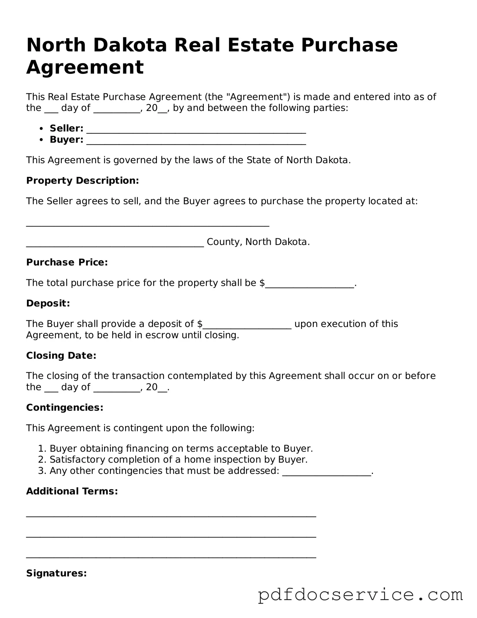 Printable  Real Estate Purchase Agreement Template for North Dakota