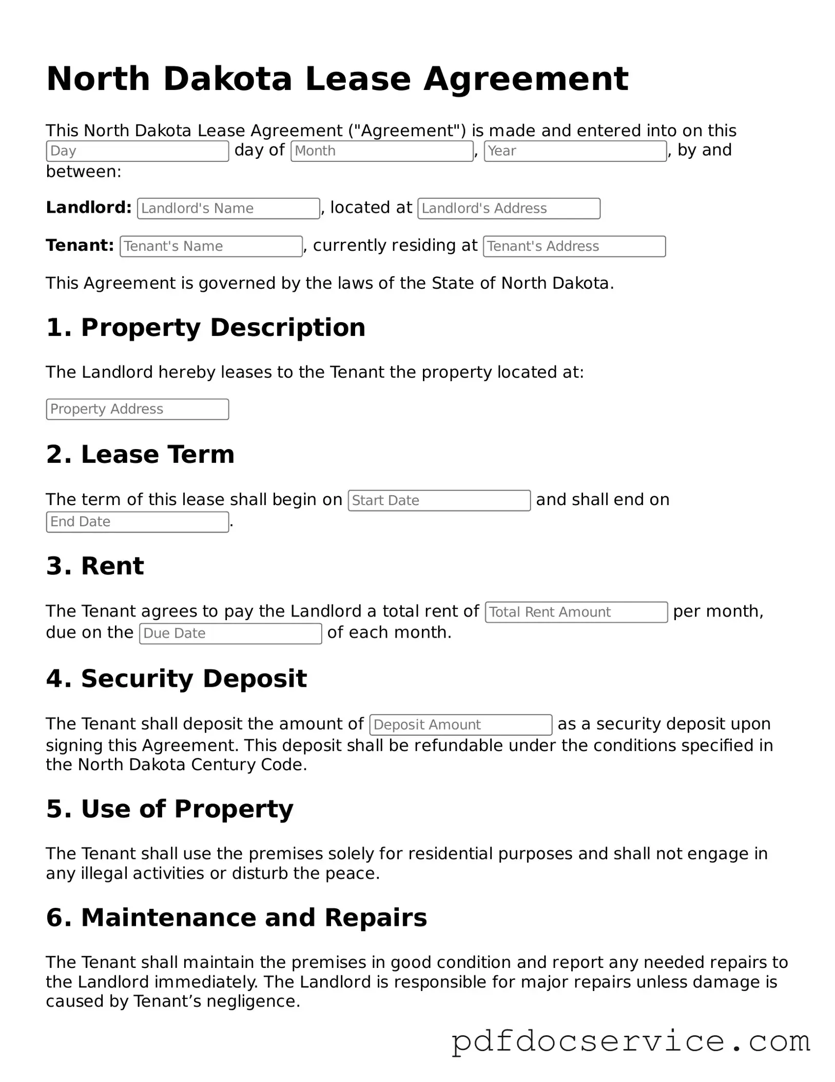 Printable  Lease Agreement Template for North Dakota