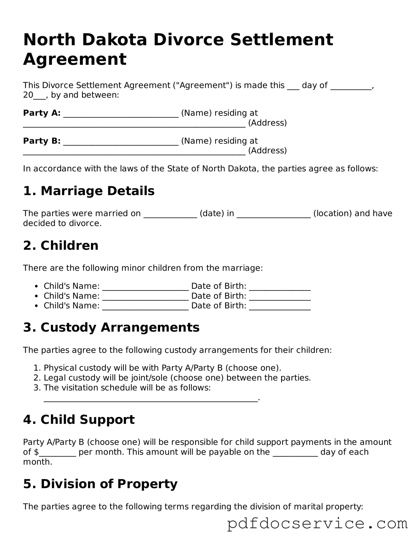 Printable  Divorce Settlement Agreement Template for North Dakota