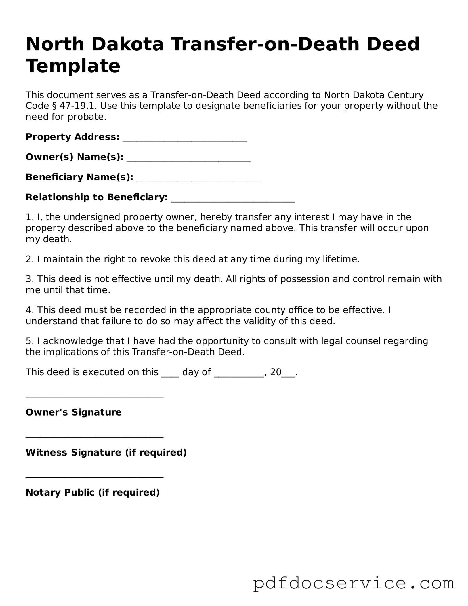 Printable  Transfer-on-Death Deed Template for North Dakota