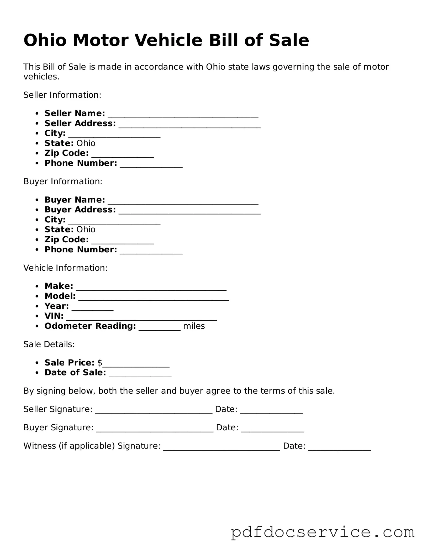 Printable  Motor Vehicle Bill of Sale Template for Ohio