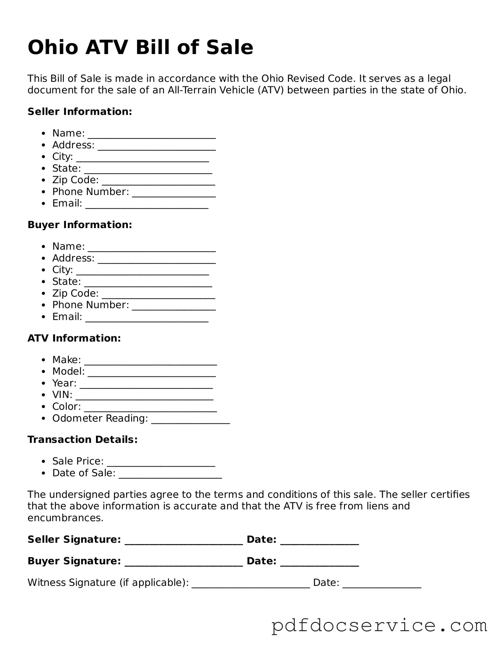 Printable  ATV Bill of Sale Template for Ohio
