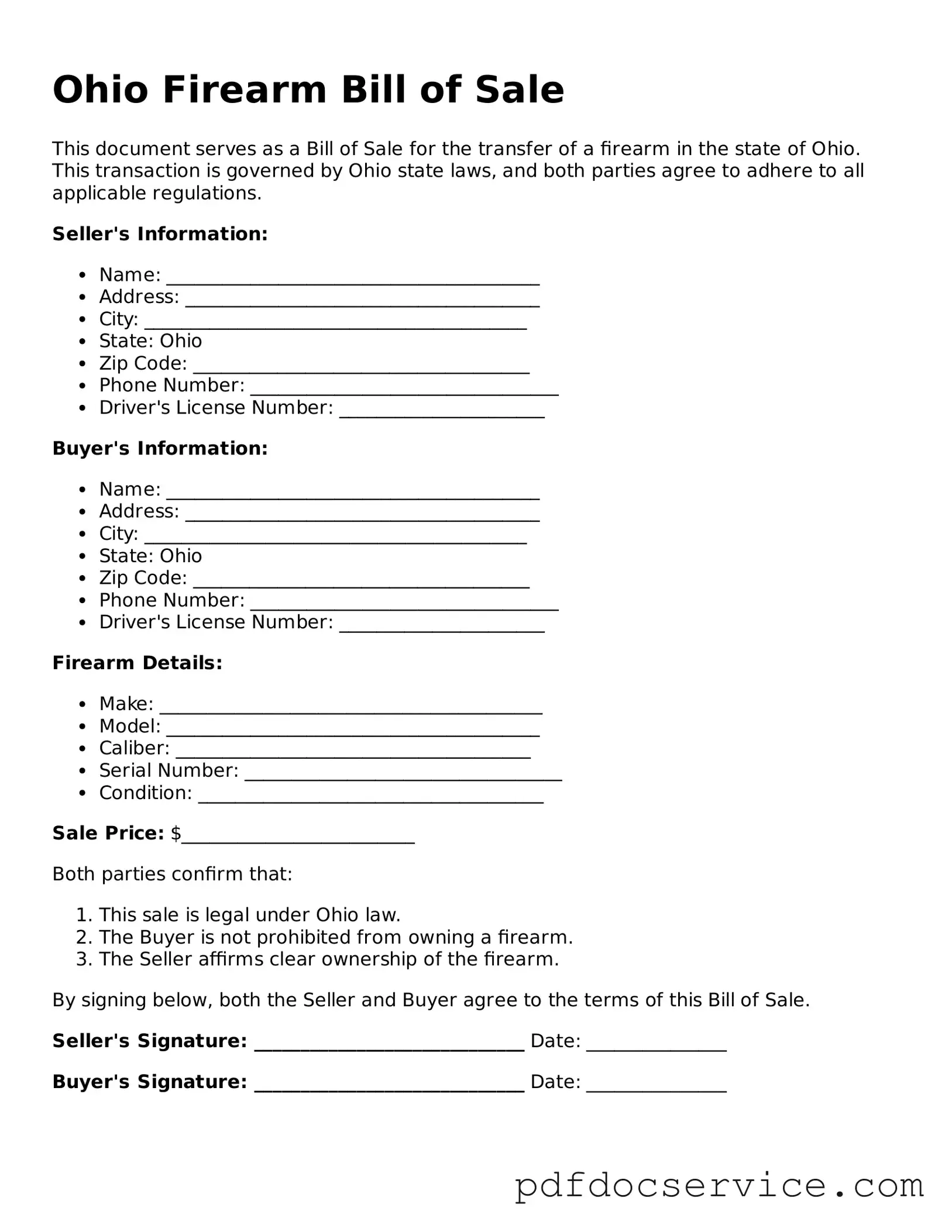 Printable  Firearm Bill of Sale Template for Ohio