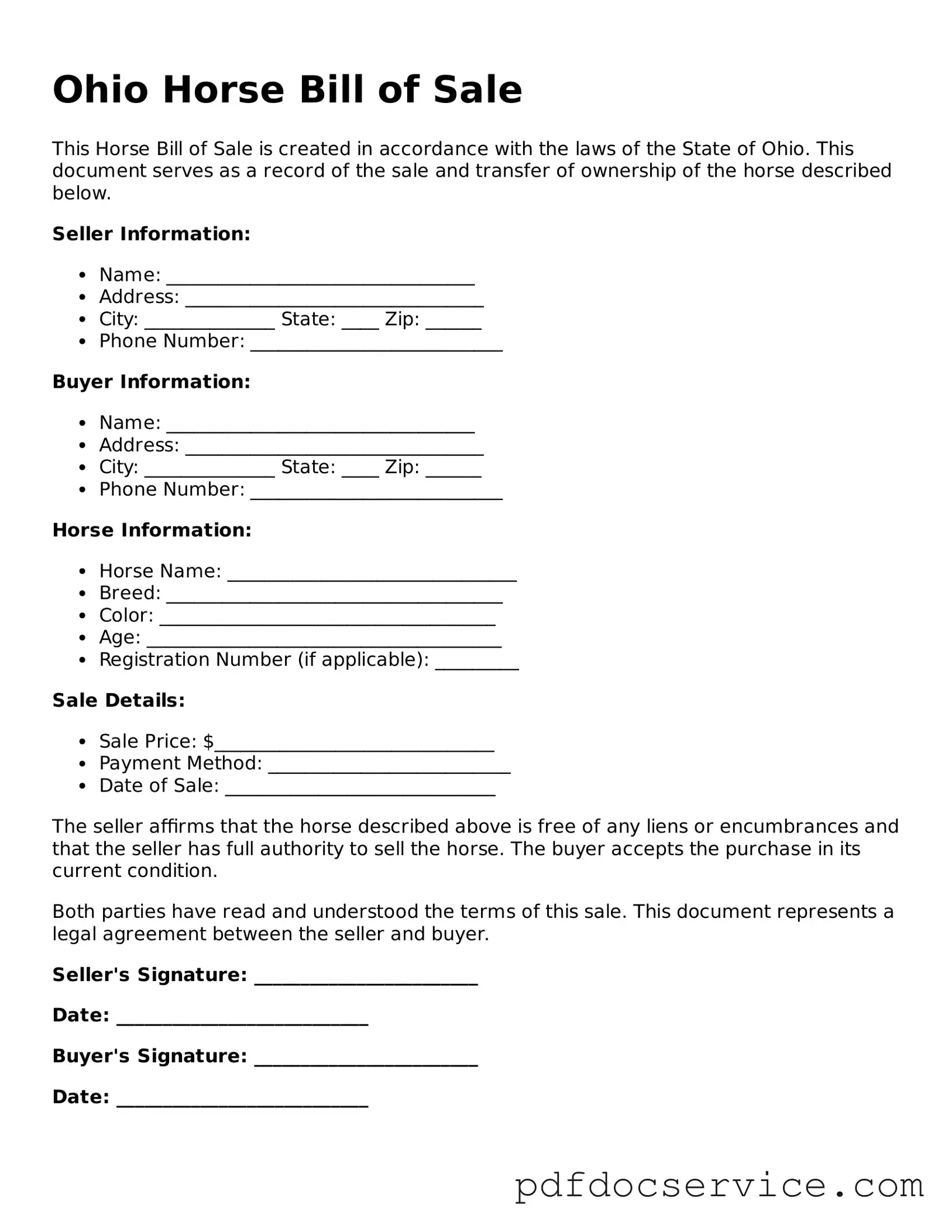 Printable  Horse Bill of Sale Template for Ohio