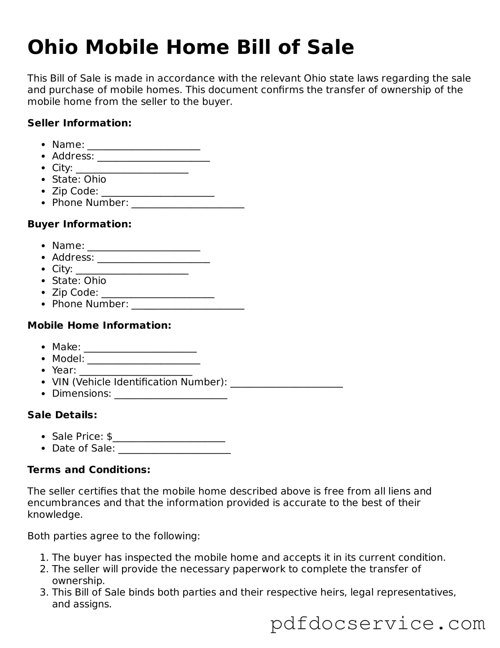 Printable  Mobile Home Bill of Sale Template for Ohio