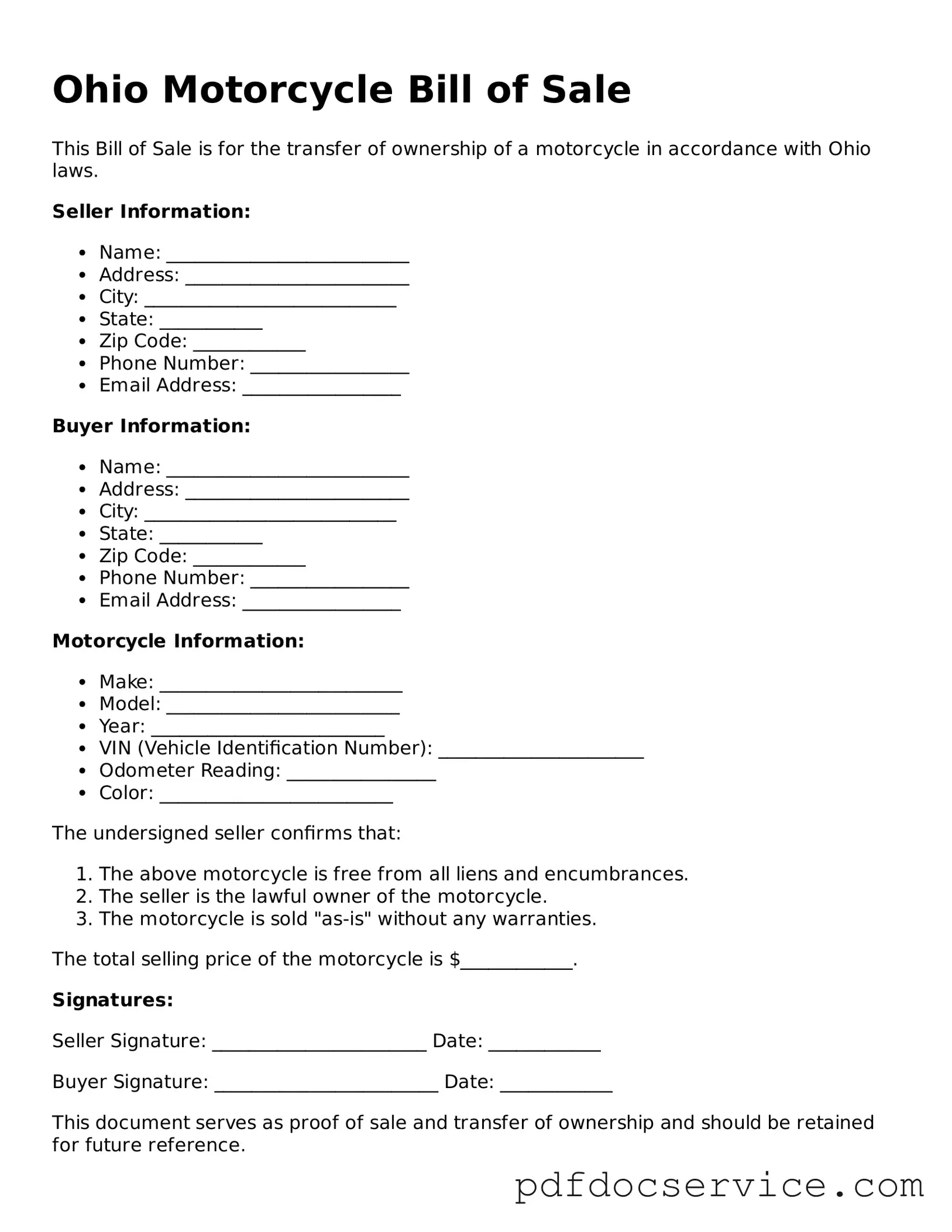 Printable  Motorcycle Bill of Sale Template for Ohio
