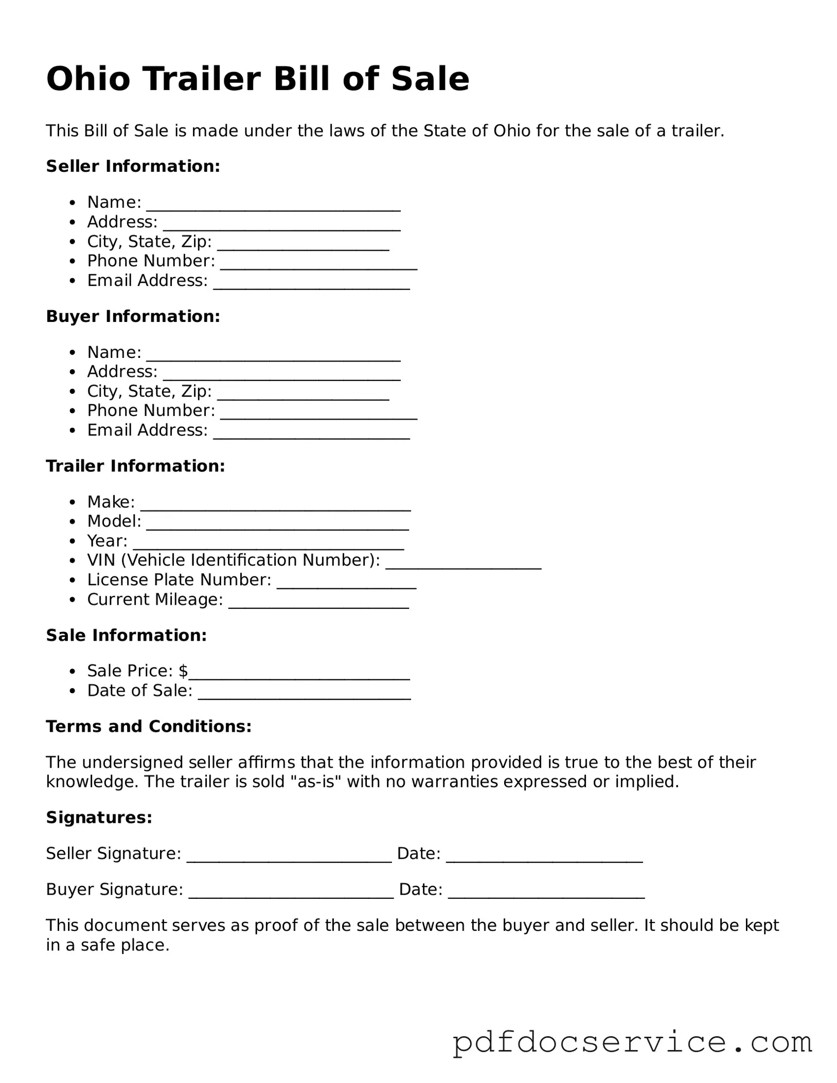 Printable  Trailer Bill of Sale Template for Ohio