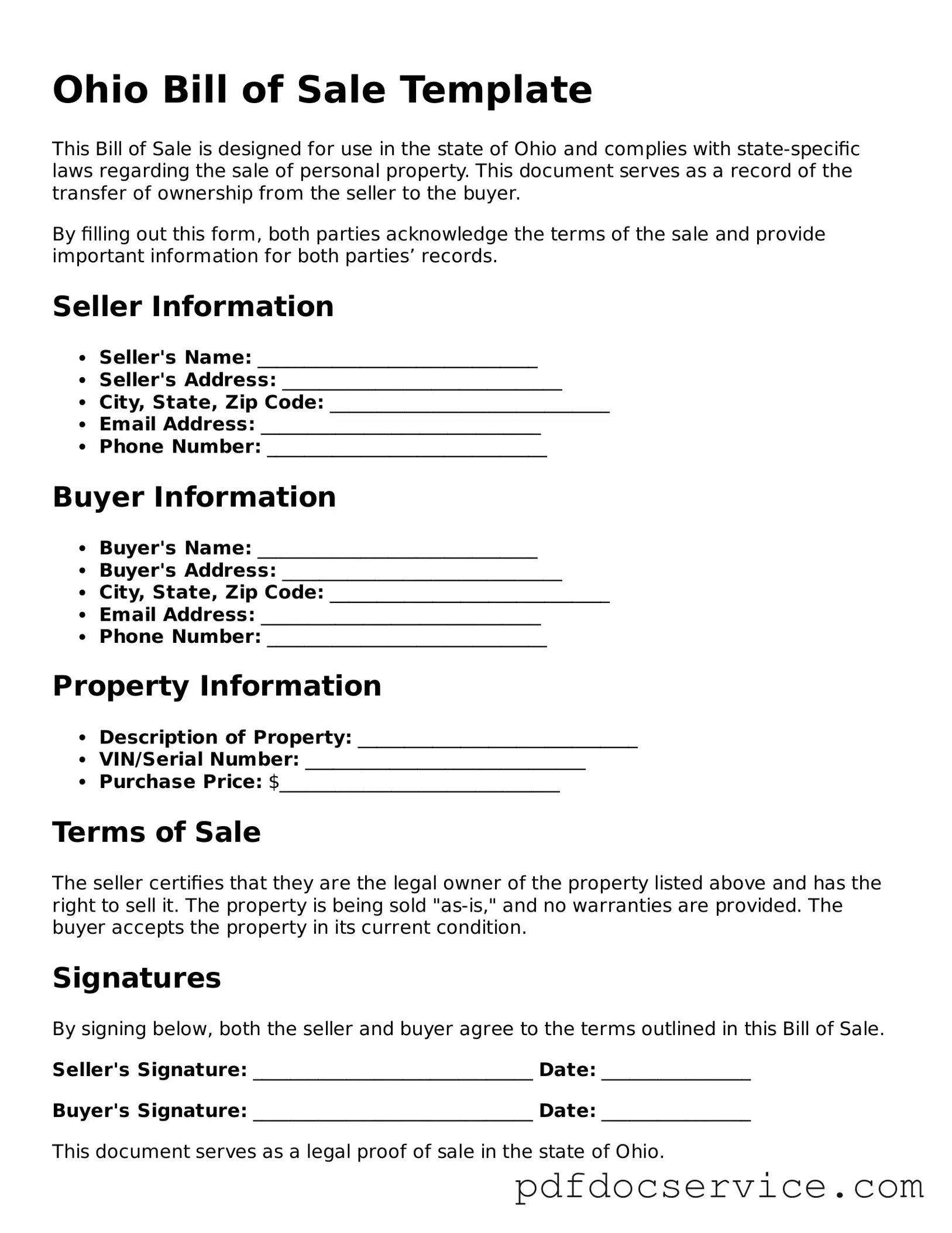 Printable  Bill of Sale Template for Ohio