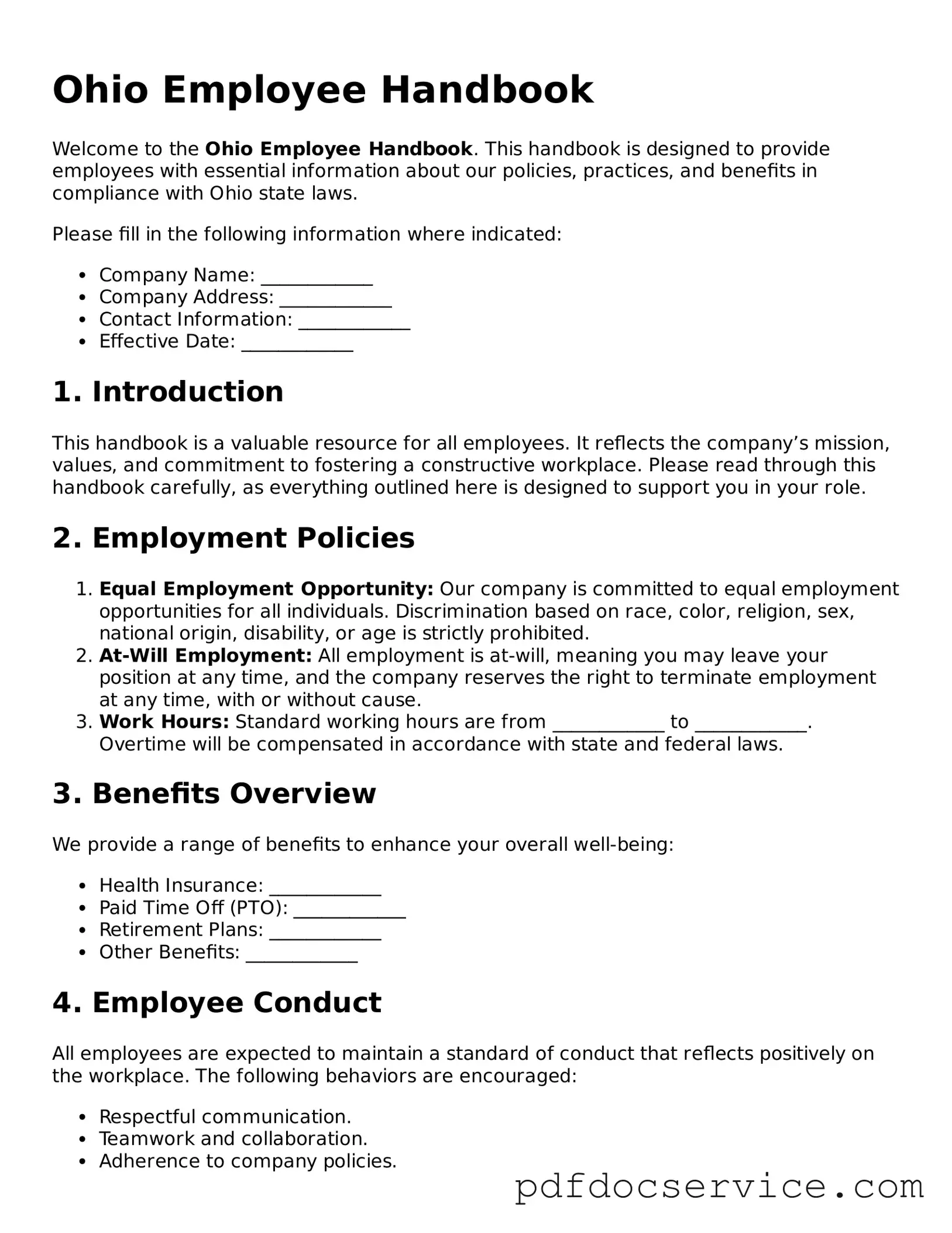 Printable  Employee Handbook Template for Ohio