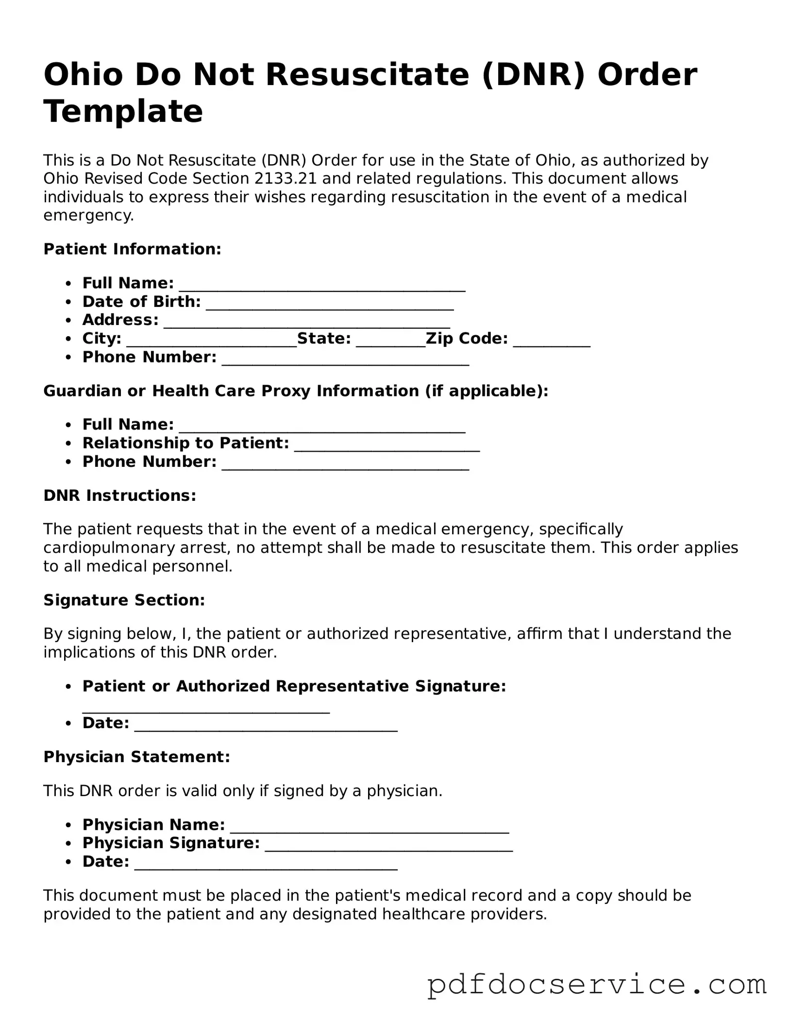 Printable  Do Not Resuscitate Order Template for Ohio