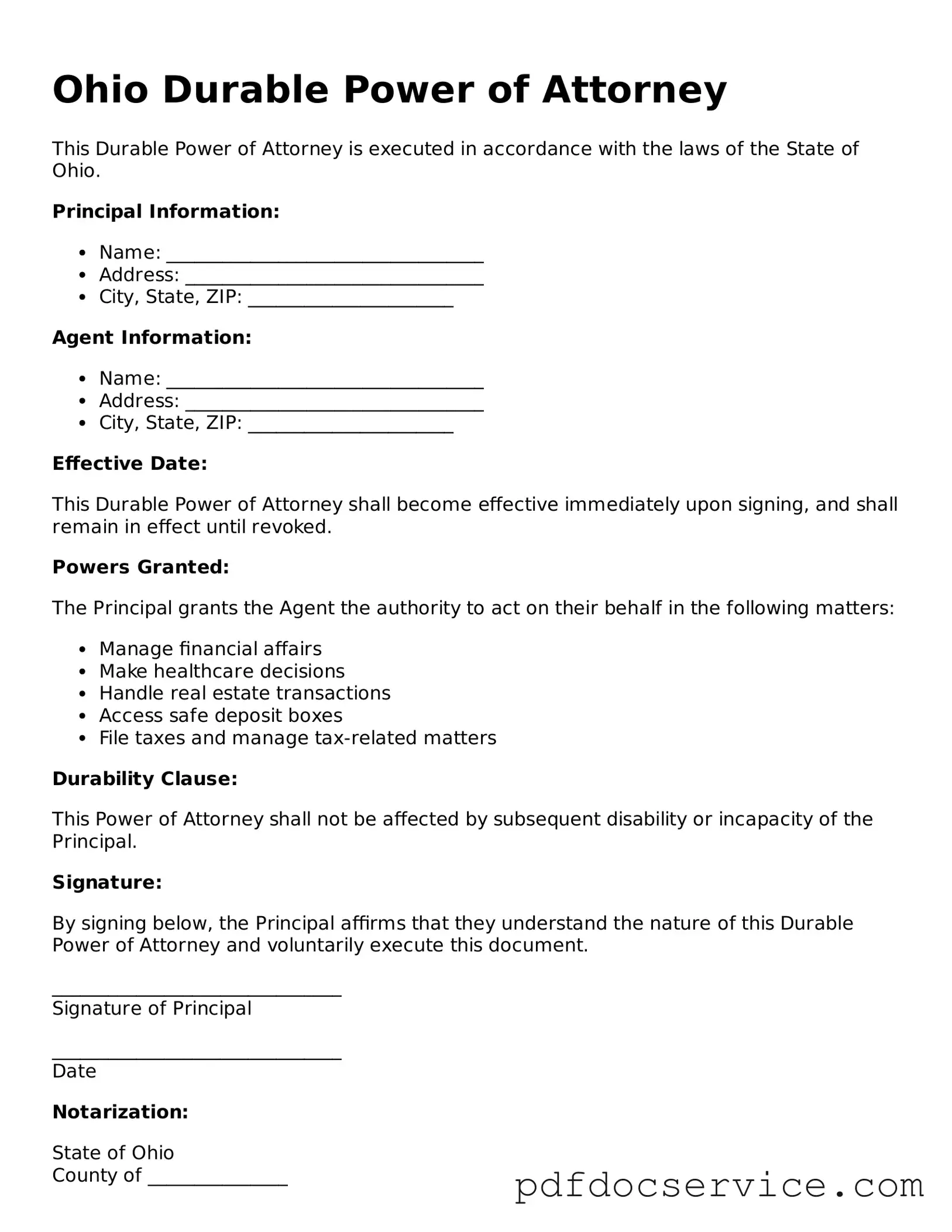 Printable  Durable Power of Attorney Template for Ohio