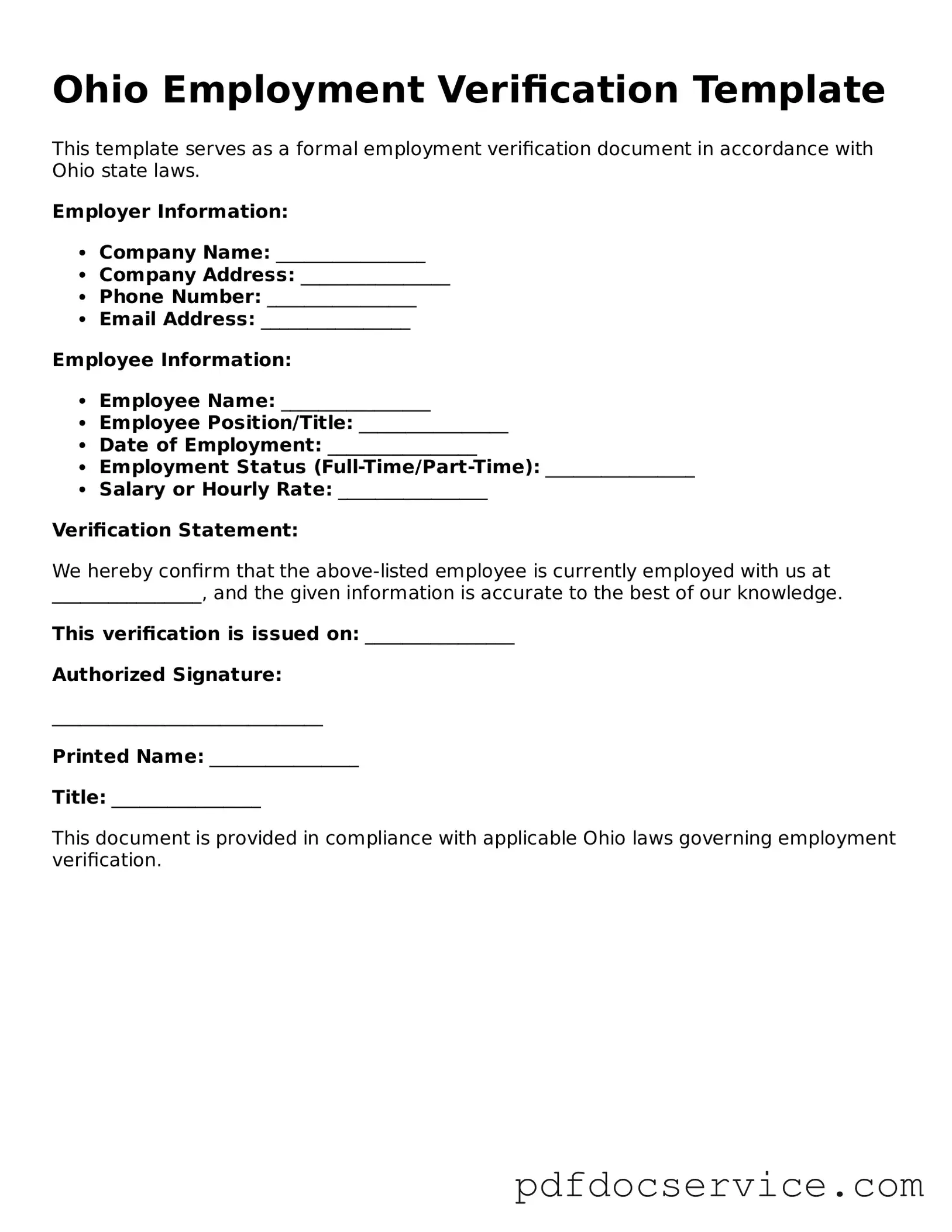 Printable  Employment Verification Template for Ohio