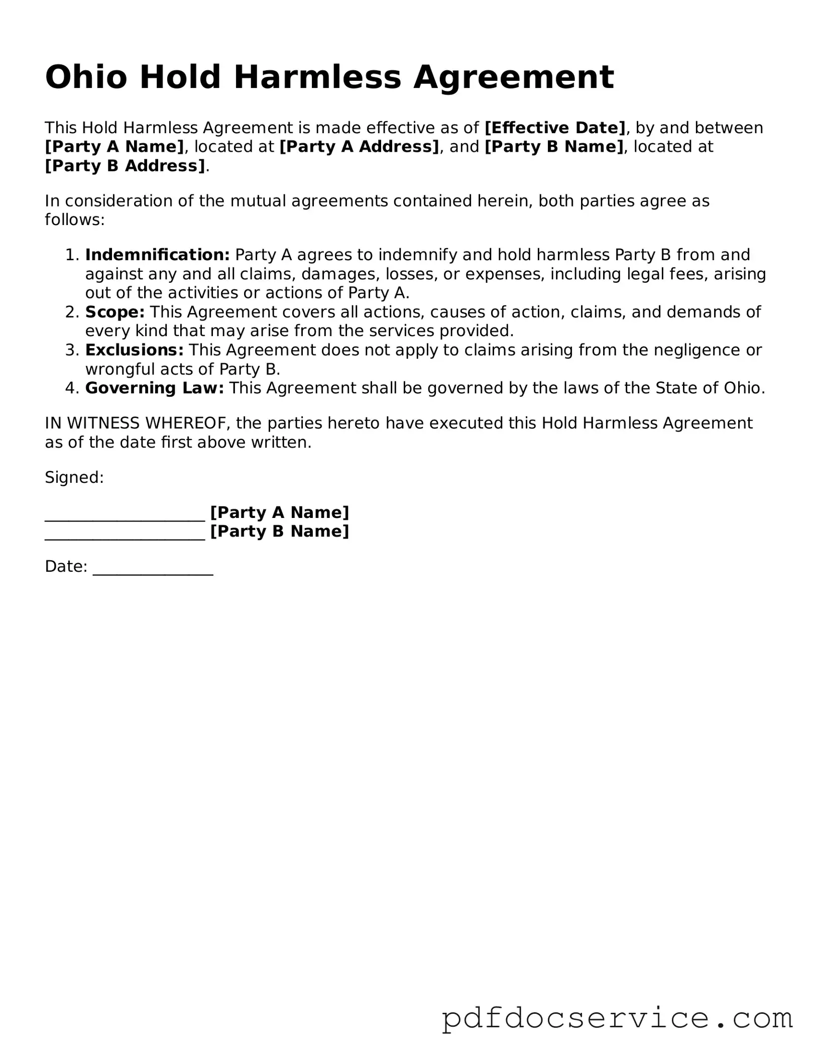 Printable  Hold Harmless Agreement Template for Ohio
