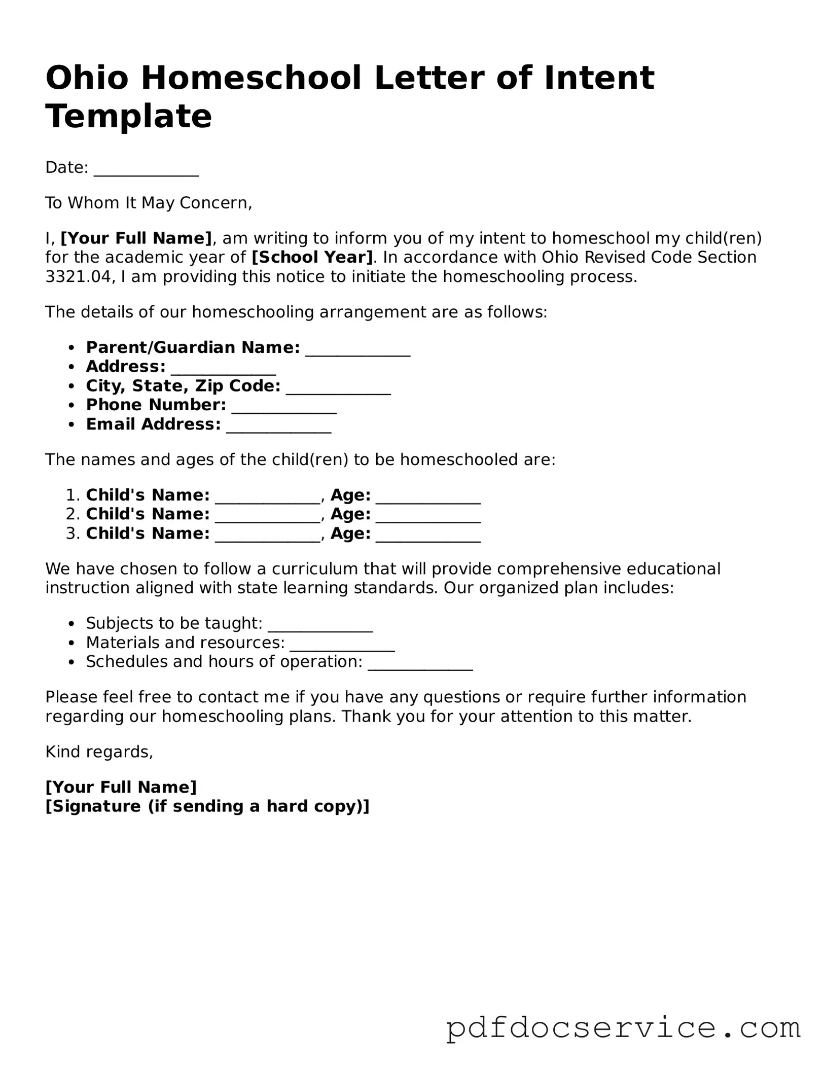Printable  Homeschool Letter of Intent Template for Ohio