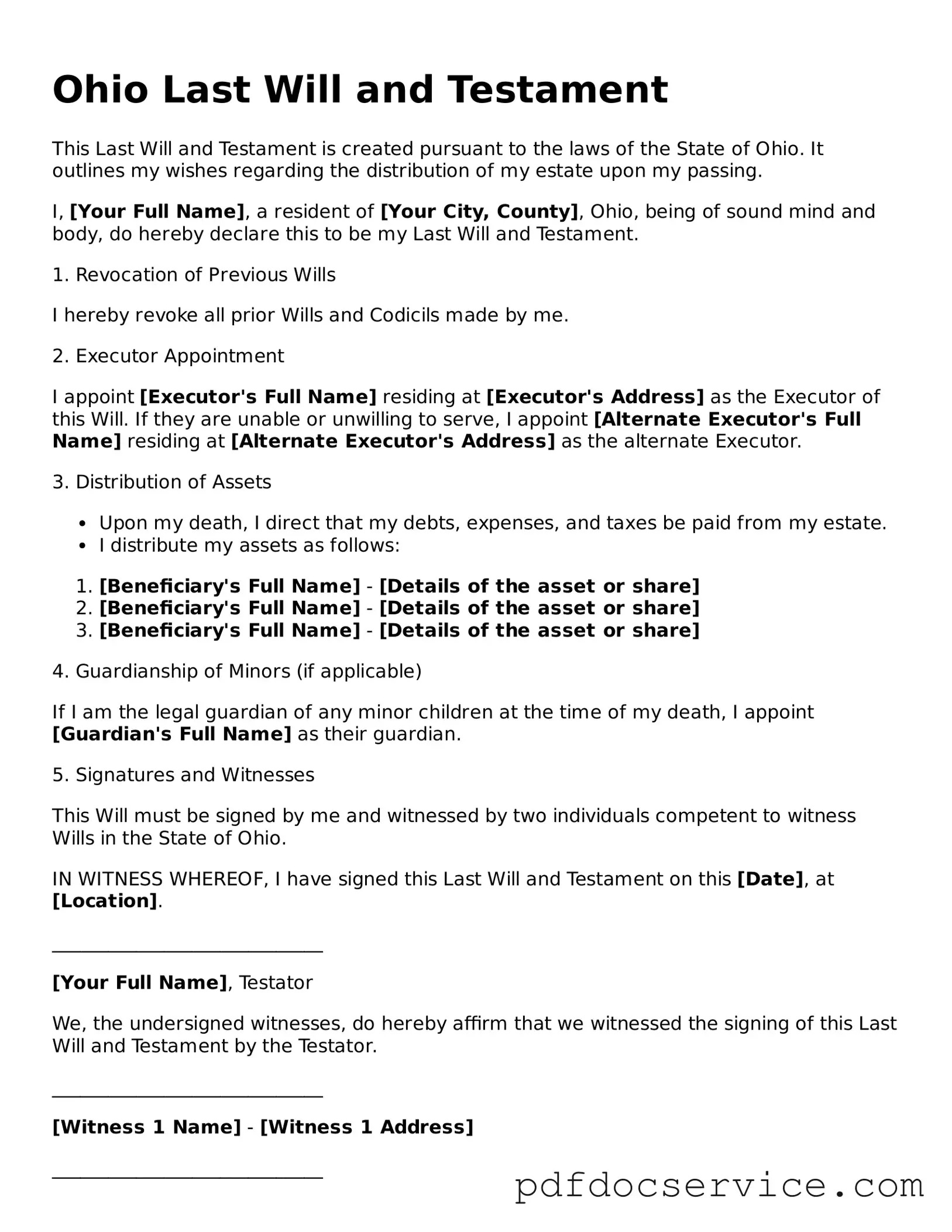 Printable  Last Will and Testament Template for Ohio